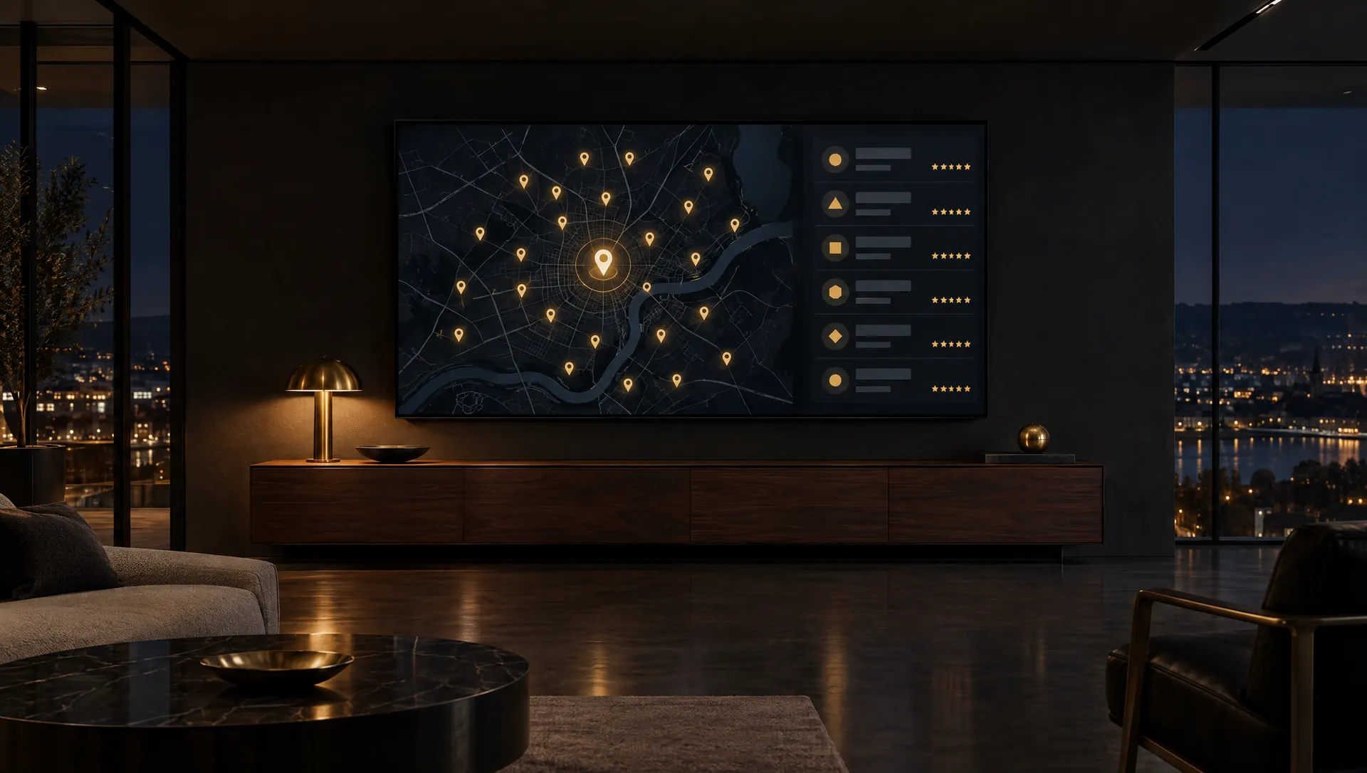A wall display showing a dark town map scattered with gold pins, one highlighted, beside a ranked list with stars, above a walnut credenza at night