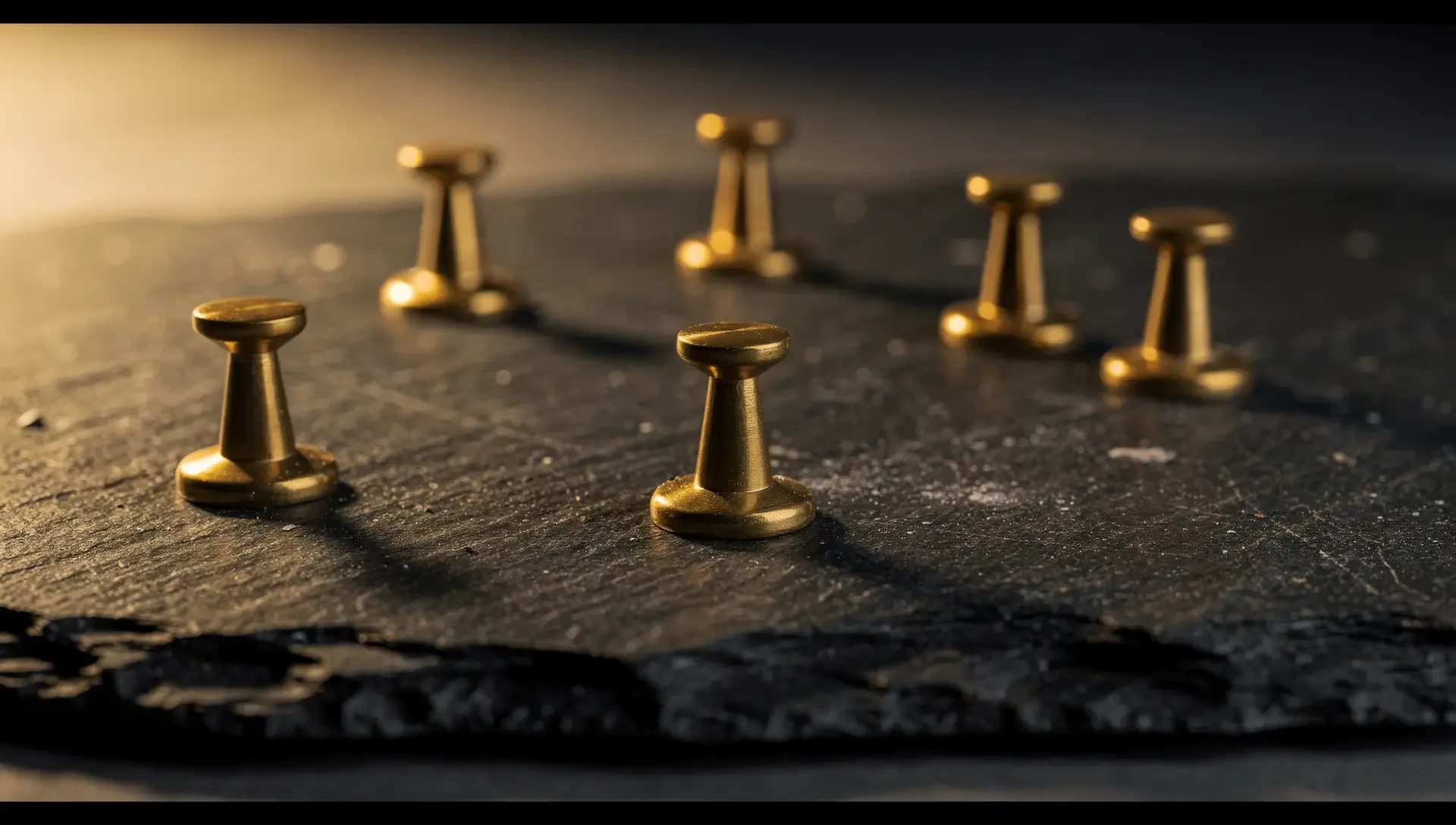 Six polished brass pins standing on a dark slate slab, the nearest two lit warm gold
