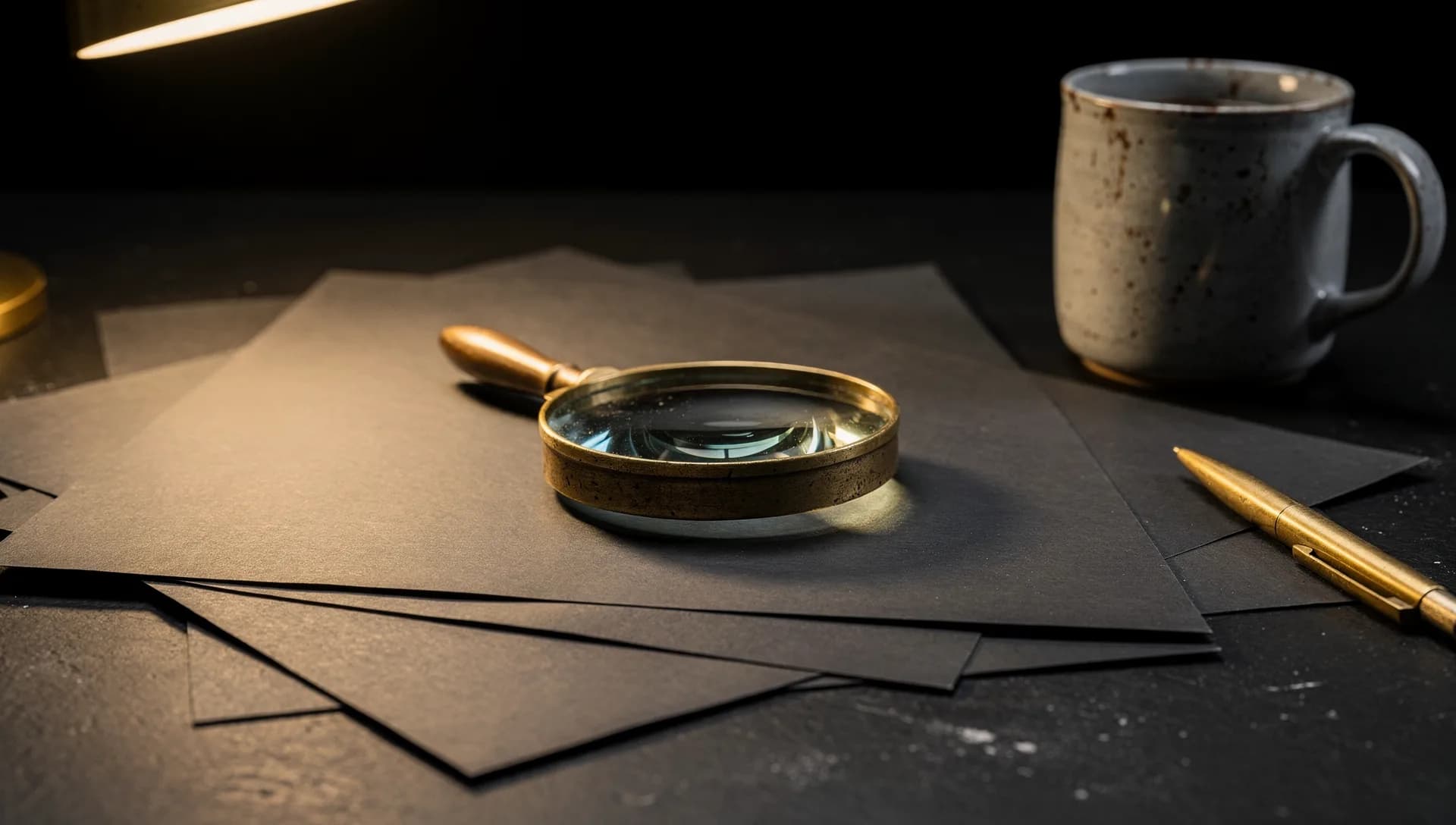 A brass magnifying glass resting on a stack of dark paper beside a speckled mug and a gold pen under a warm lamp
