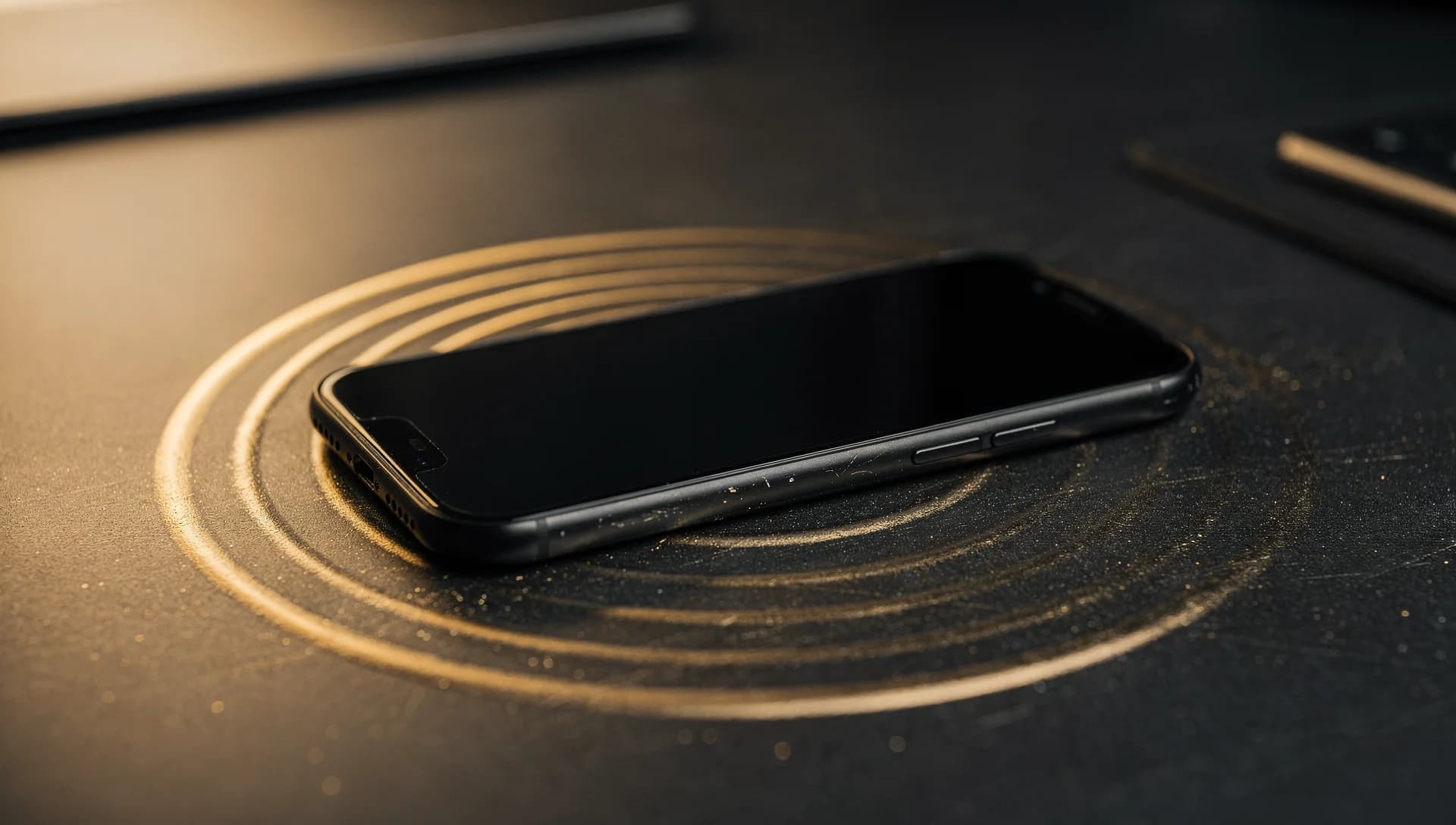 Matte-black phone mid-ring in a dark office with a warm gold ripple
