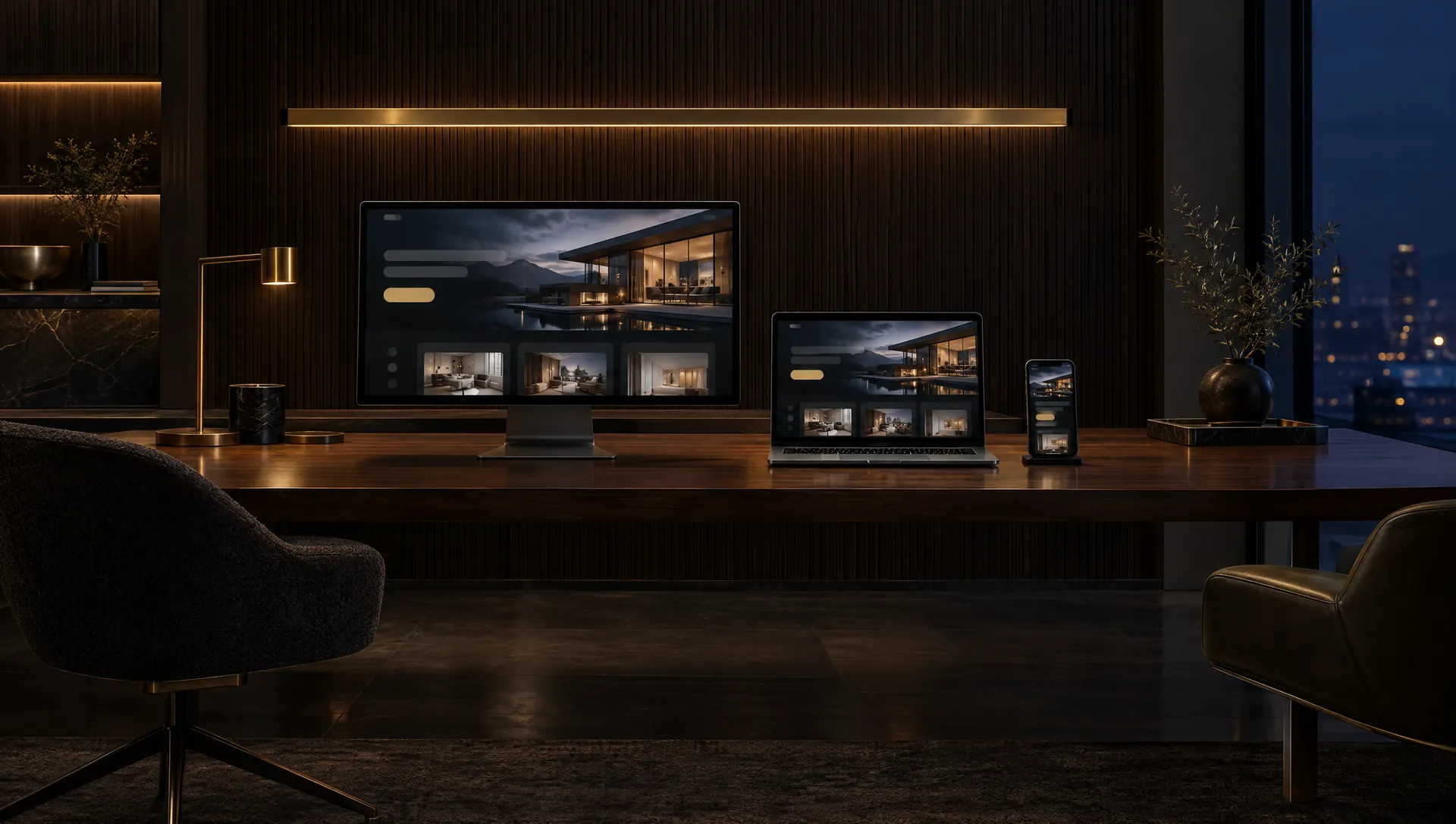 One website shown on a desktop monitor, a laptop and a phone along a walnut desk in a dark wood office at night