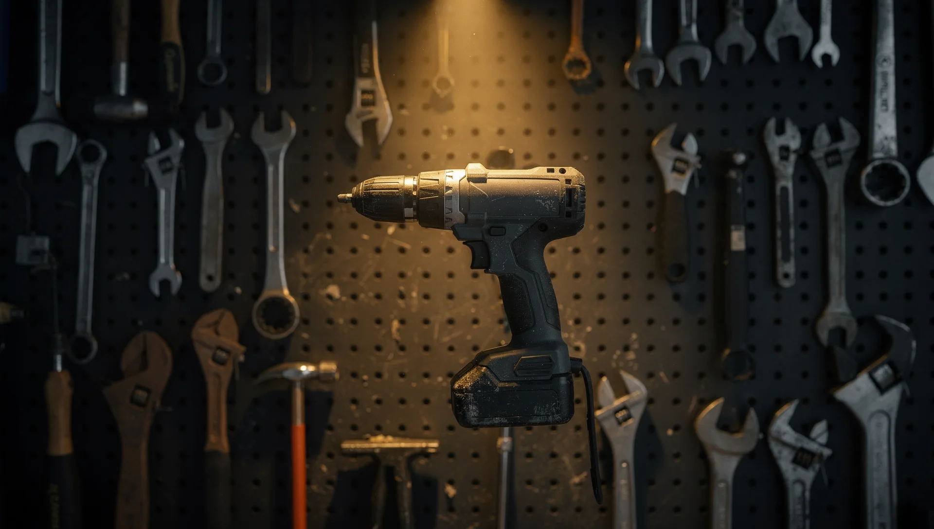 Trade tools arranged on a graphite wall with one drill picked out in warm gold light