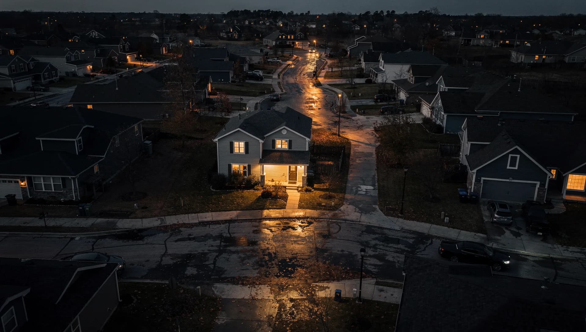Aerial dusk suburb with one warmly lit house and wet reflective streets