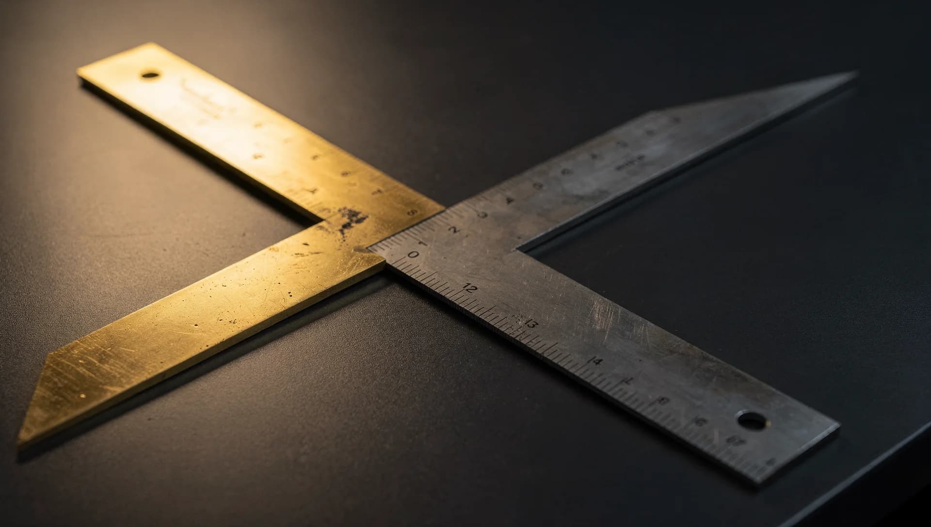 A brass ruler crossed over a steel square on a graphite desk