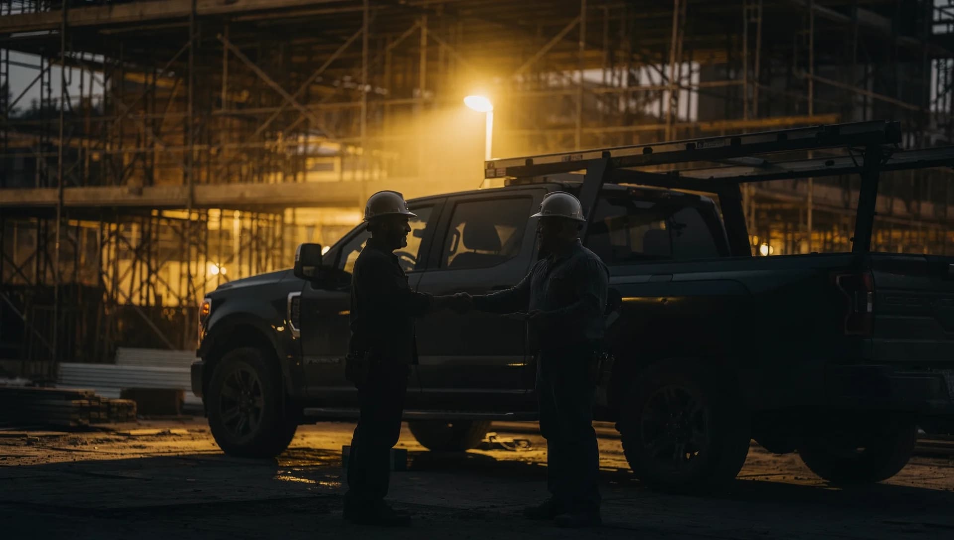 Evening jobsite handshake with two workers rim-lit in gold