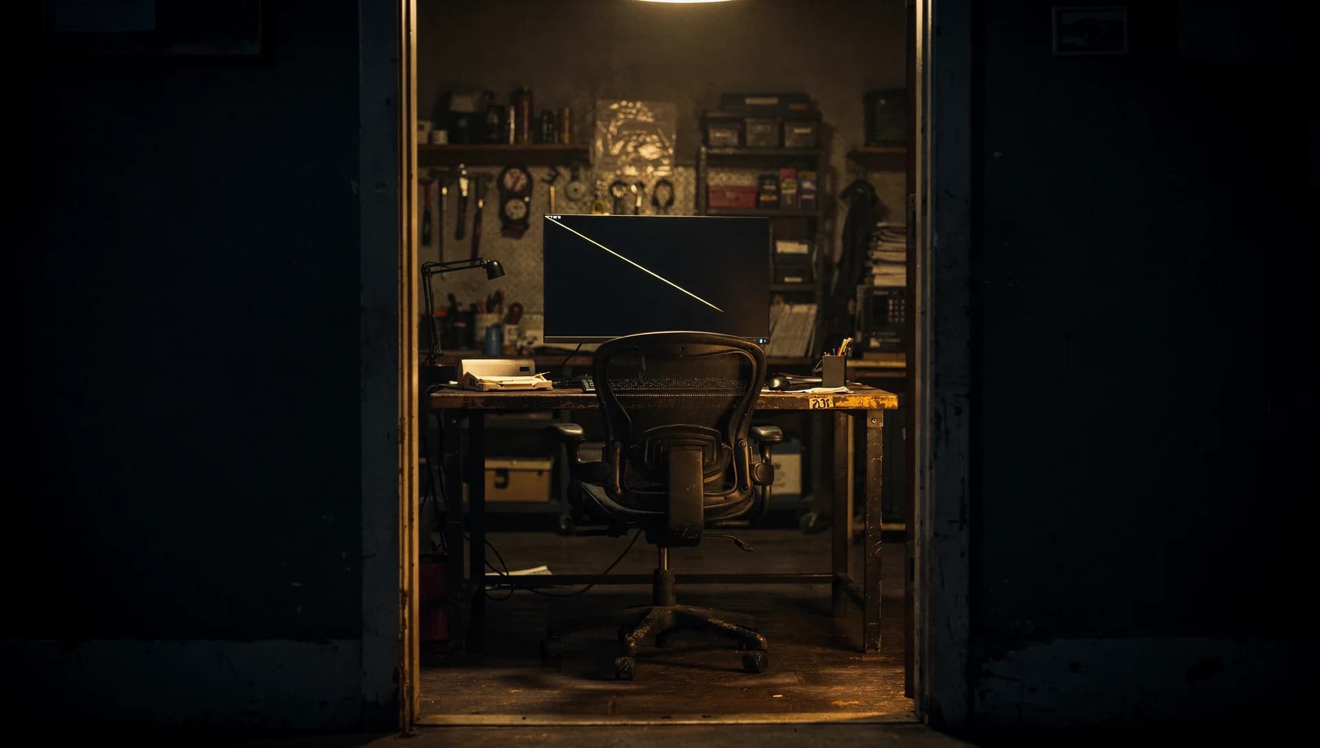 Empty workshop office at night with a gold cursor trail across a dark monitor