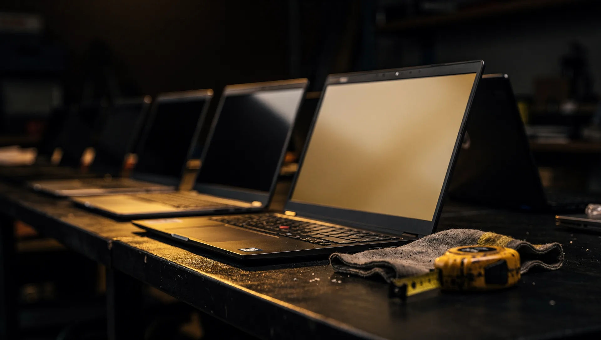 Four dark laptops in a row on a black workbench, the nearest screen glowing warm gold, beside a folded gray rag and a yellow tape measure
