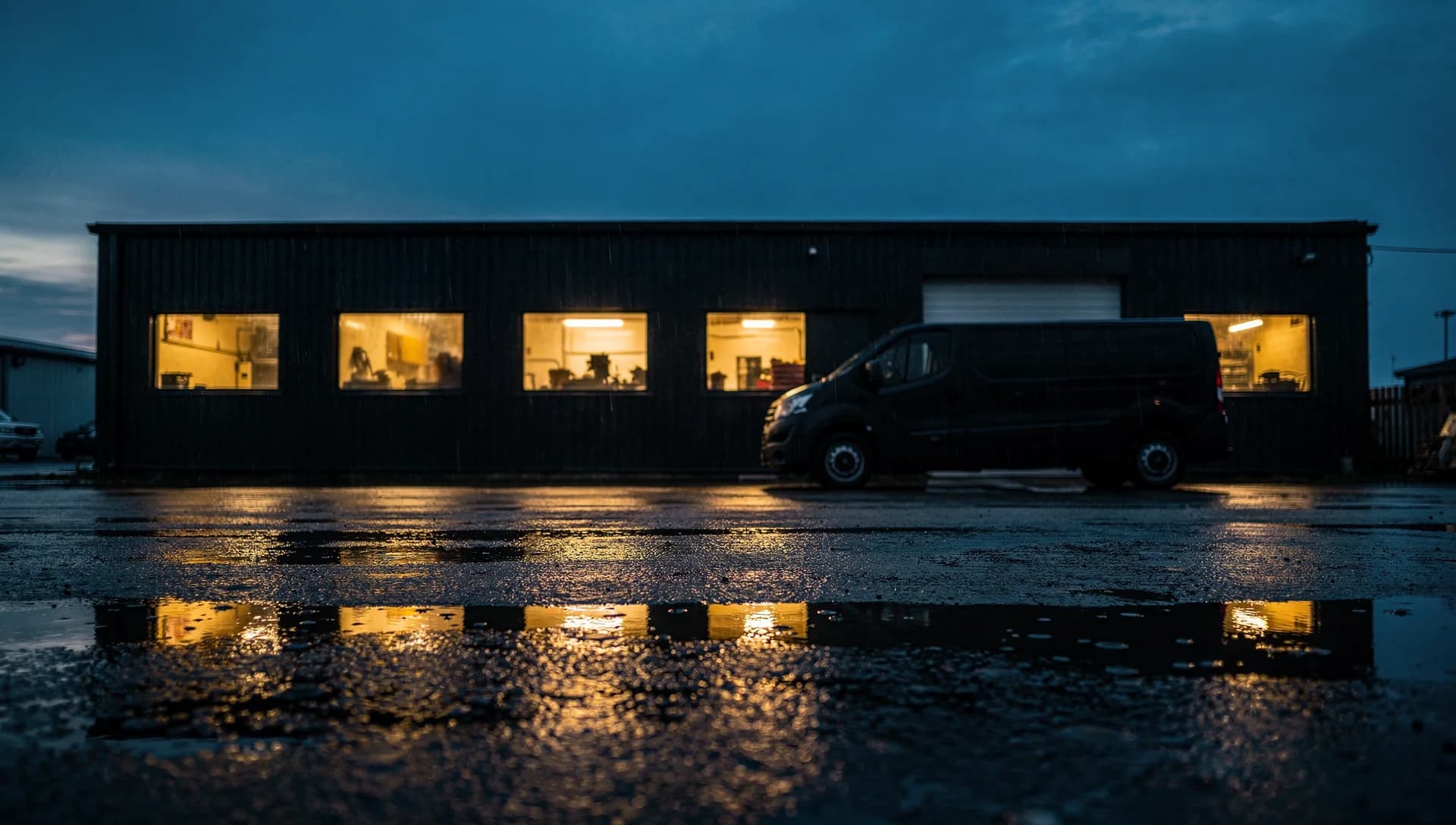 A long dark workshop at rainy dusk with every window lit warm gold, a black work van parked out front and the light reflected in the wet pavement