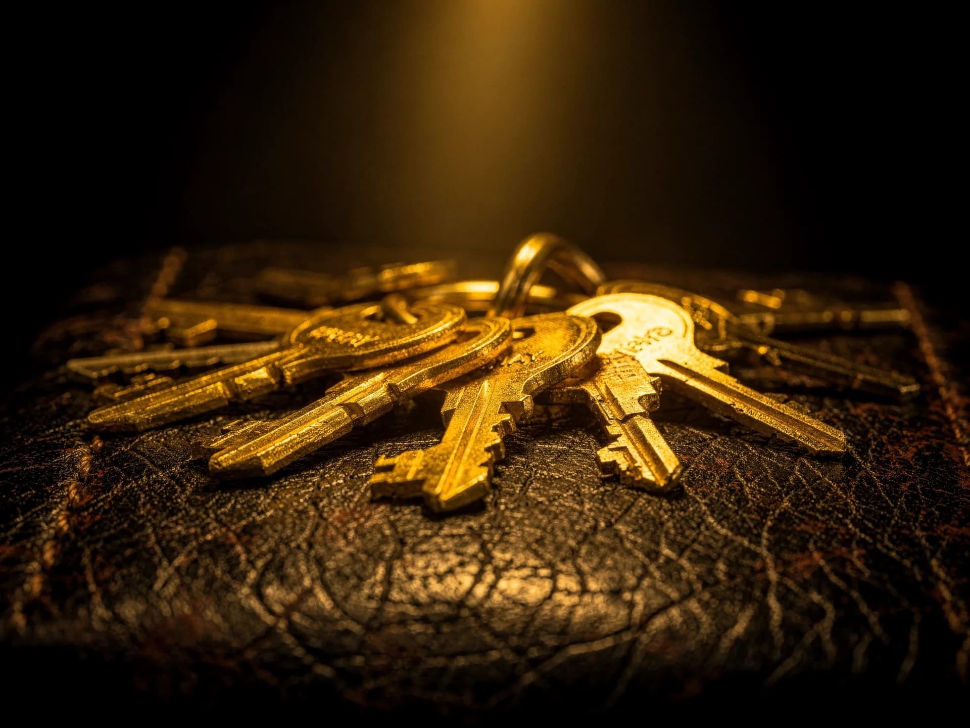 A ring of brass keys resting on dark worn leather under a warm beam of gold light