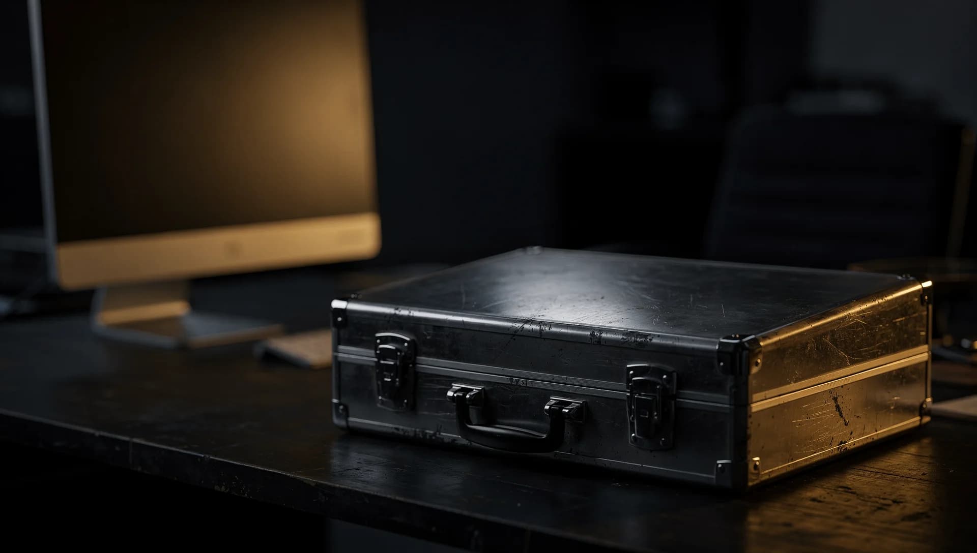 A locked document case beside a dim computer screen