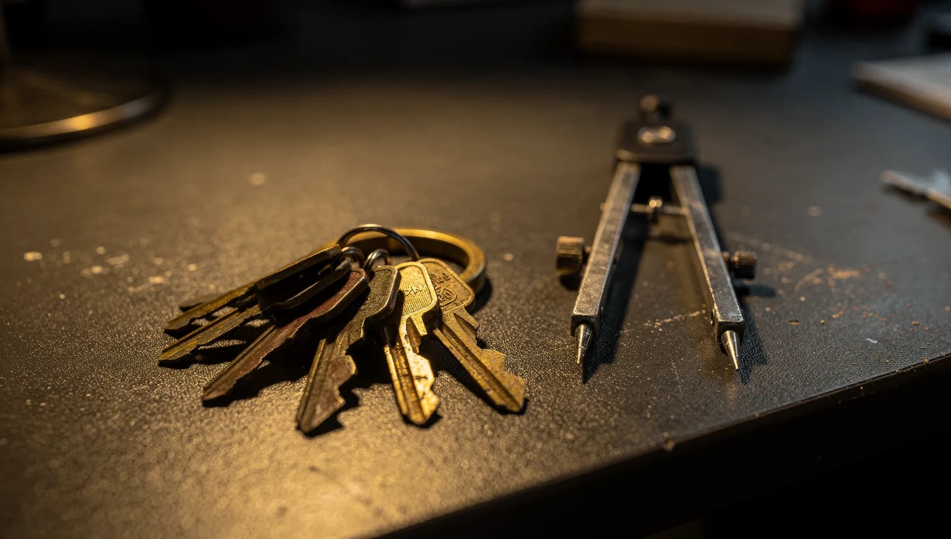 A ring of worn brass keys beside a drafting compass on a dark desk