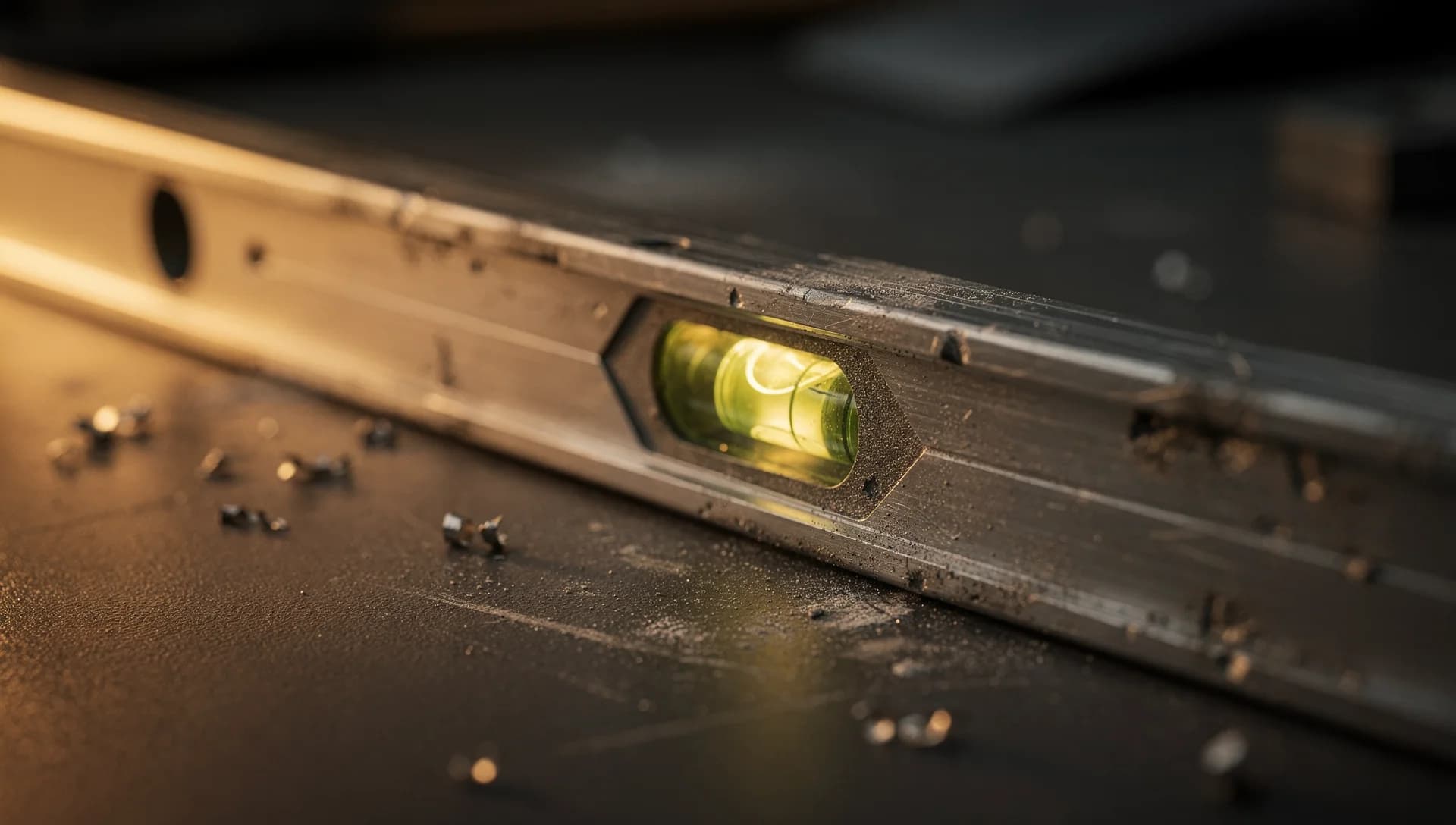 Close-up of a spirit level with a glowing green vial on a dark dusty surface