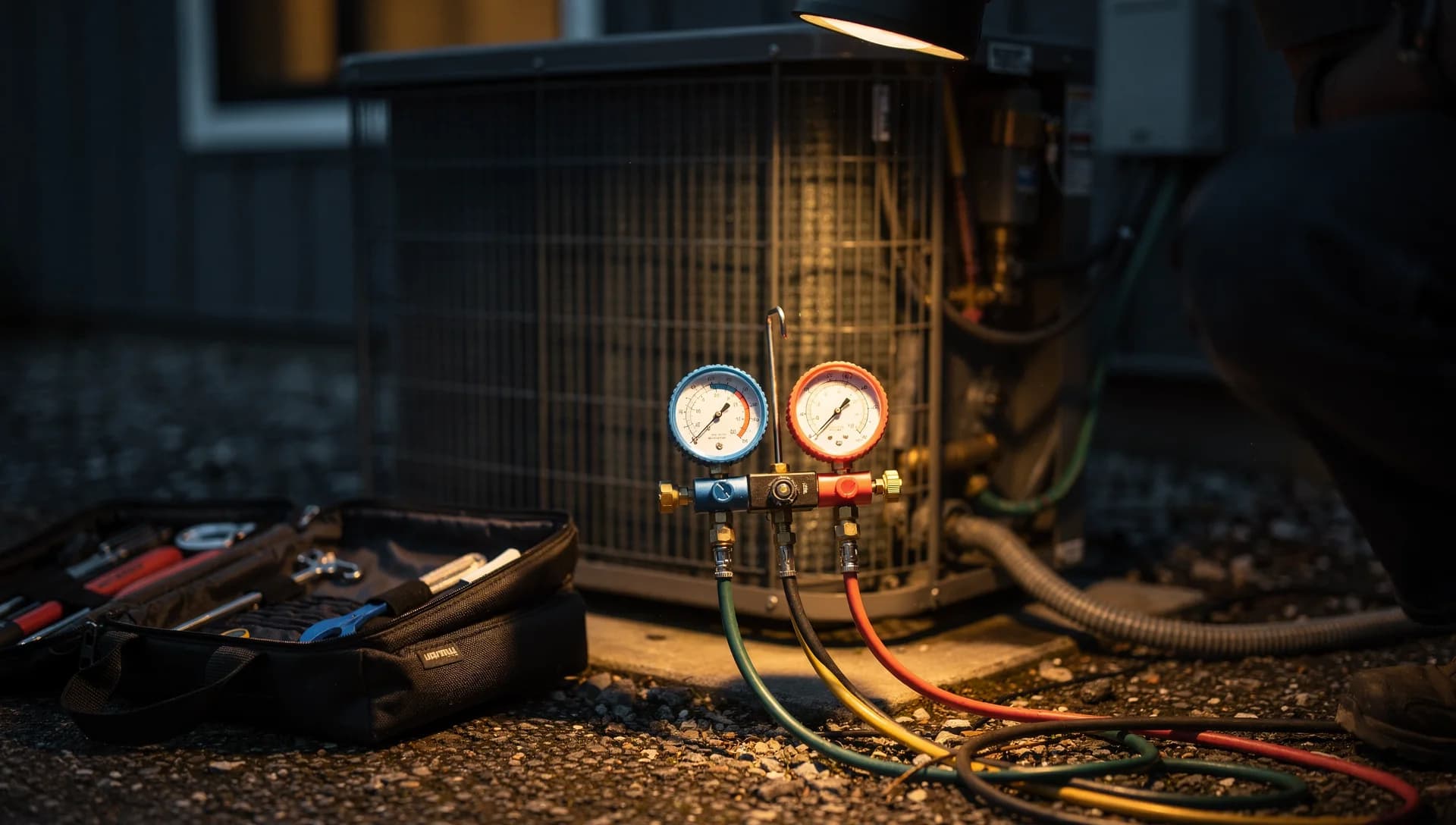 HVAC gauges and a service bag beside an open unit during an evening call