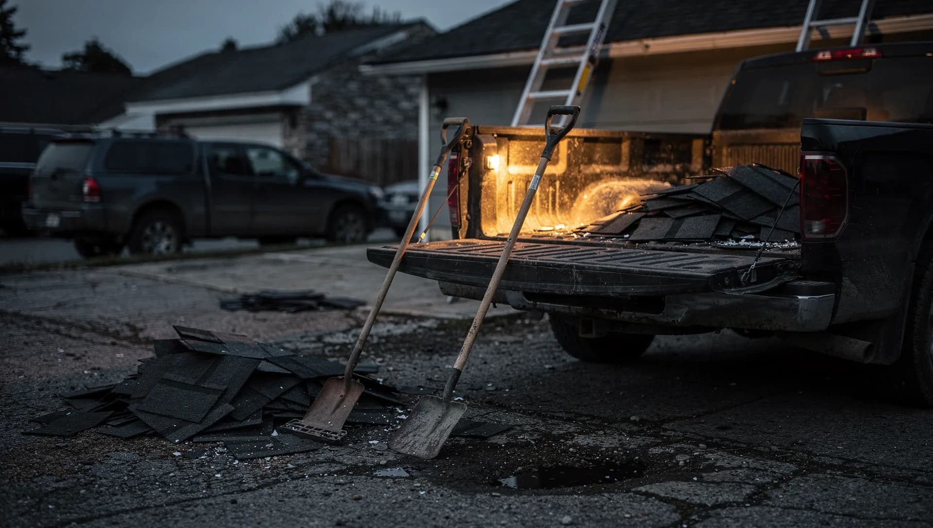 Roofing tools and stripped shingles arranged beside an open truck at dusk