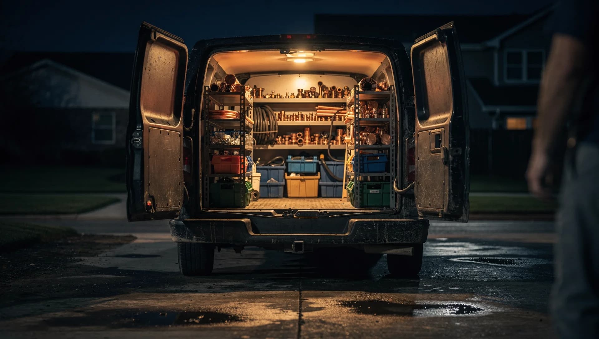 Open plumbing service van with organized tools beside a dark residential driveway