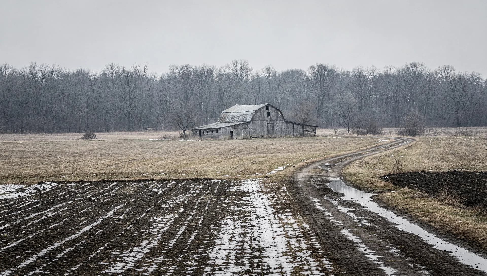 A weathered gray barn standing in a bleak winter field, a muddy tire-tracked dirt road curving toward a line of bare trees, patches of snow across plowed dark earth under a flat overcast sky