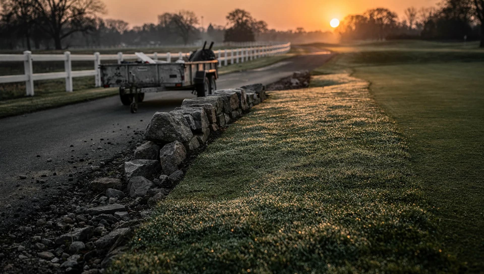 A dew-covered fairway edge at sunrise along a low fieldstone wall and white post fence, a utility trailer parked on the quiet road