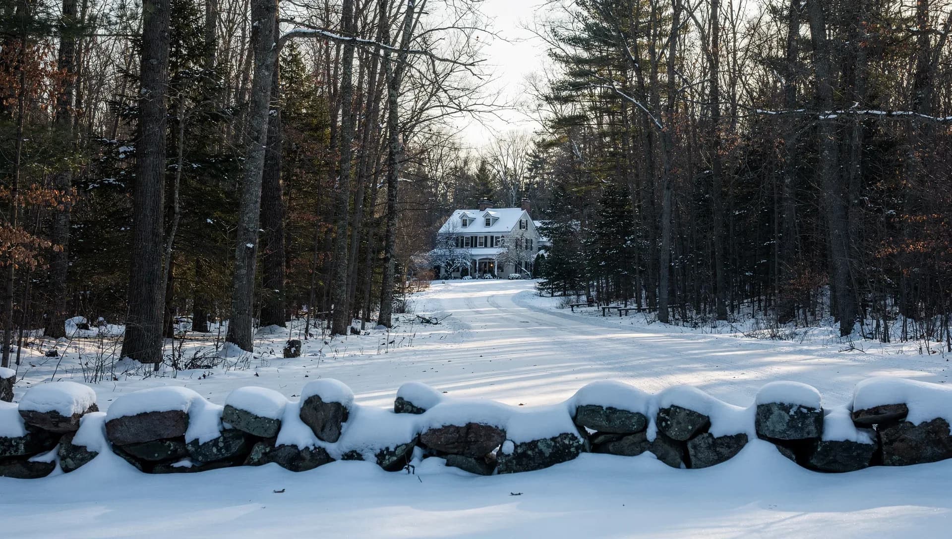 A snow-covered country lane curving through bare woods and tall pines toward a white colonial house, a snow-capped fieldstone wall running along the front under low winter sun