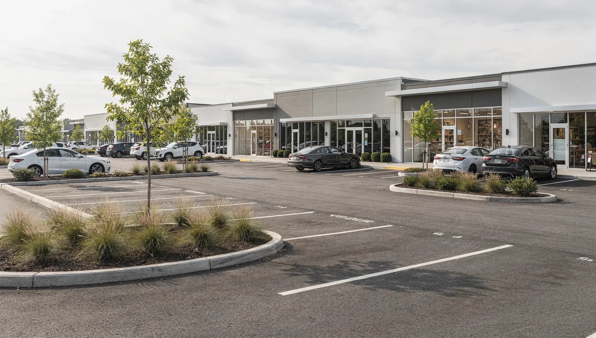 A newly built retail plaza with glass storefronts and a clean parking lot, young trees in landscaped islands and a few parked cars under a bright overcast sky