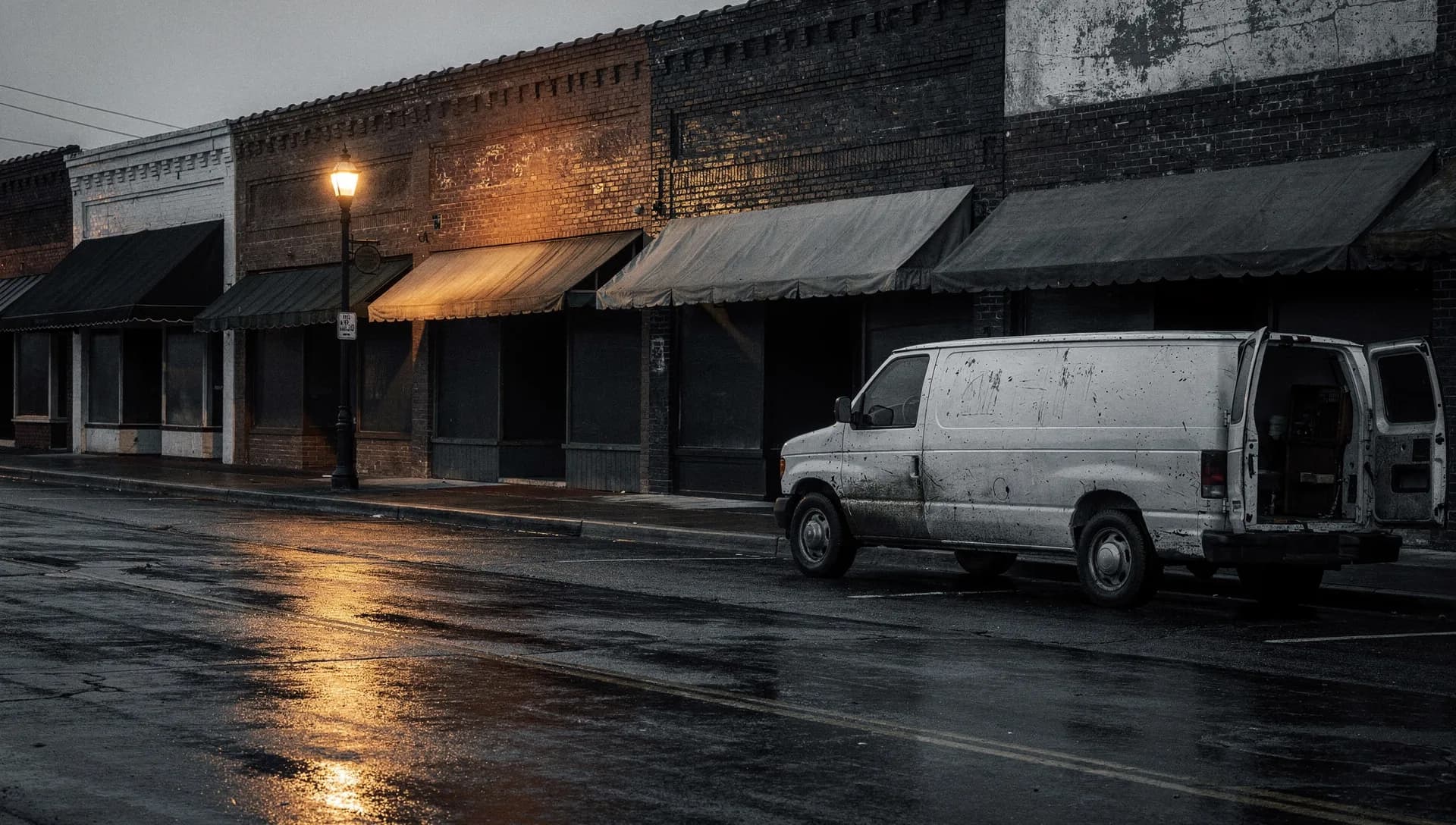 A row of brick storefronts with dark awnings on a wet main street at dusk, one lamppost lit and a scuffed white van parked with its rear doors open