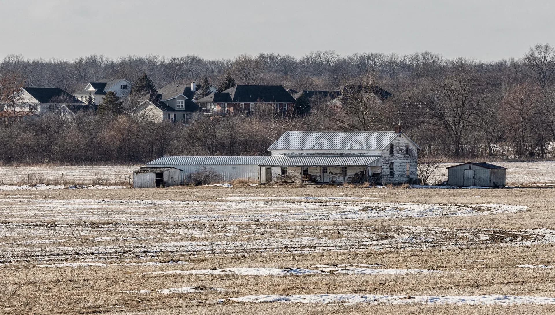 A weathered white farmhouse with a metal roof and a long attached shed in a stubbled winter field, a wooded ridge and newer houses rising behind under a pale grey sky