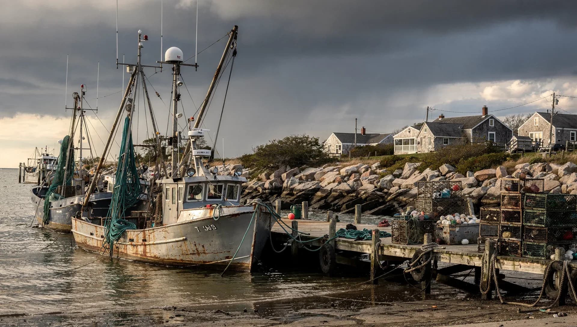 Weathered steel-hulled fishing trawlers moored at a wooden dock with green nets and coiled rope, stacked lobster traps and colored buoys on the pier, a granite riprap bank and grey-shingled cottages under a stormy sky