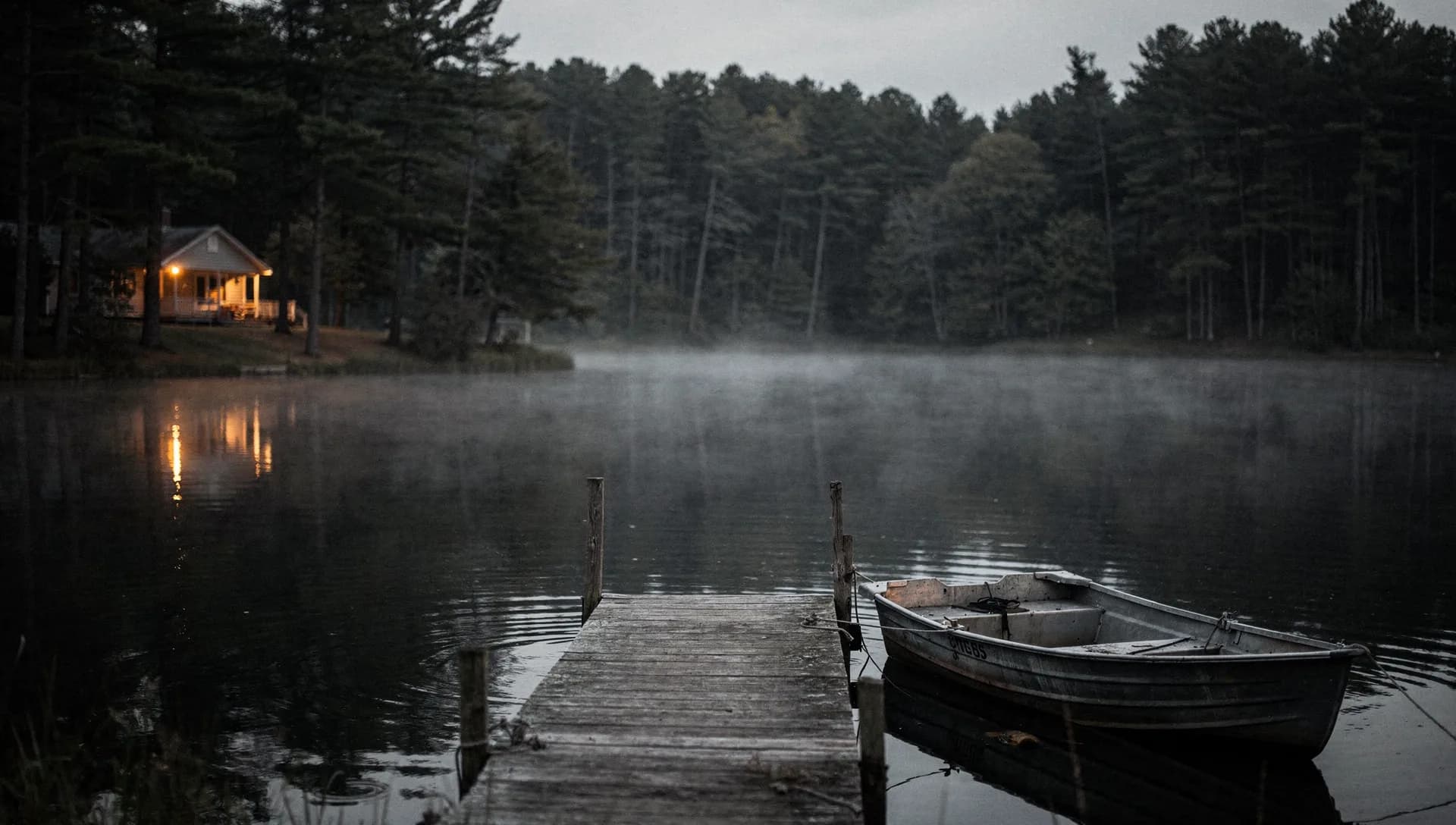 A wooden dock and a tied-up aluminum rowboat on a misty pond at dusk, pine woods around the shore and one cottage porch light glowing