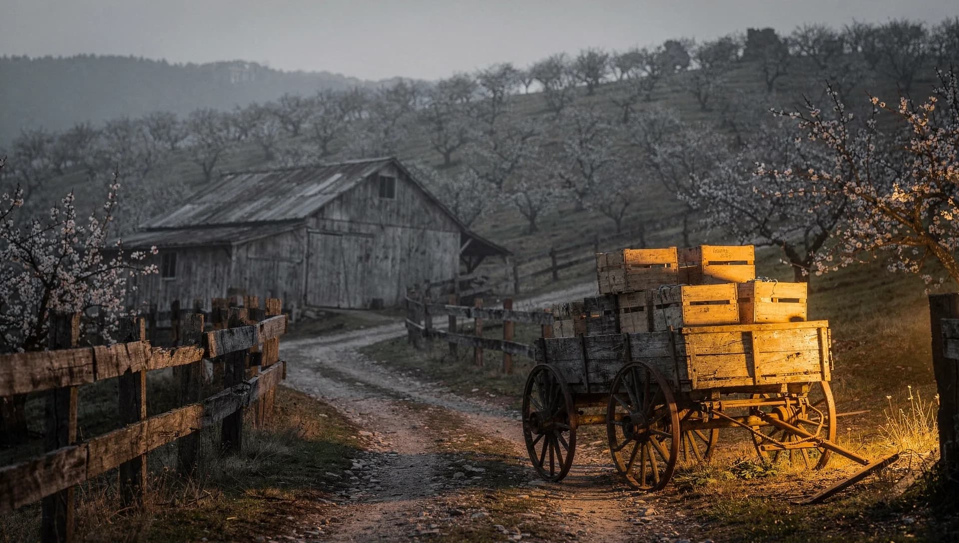An old wooden farm wagon stacked with crates beside a horse fence on a dirt lane, a weathered gray barn and blossoming orchard rows climbing the misty hillside