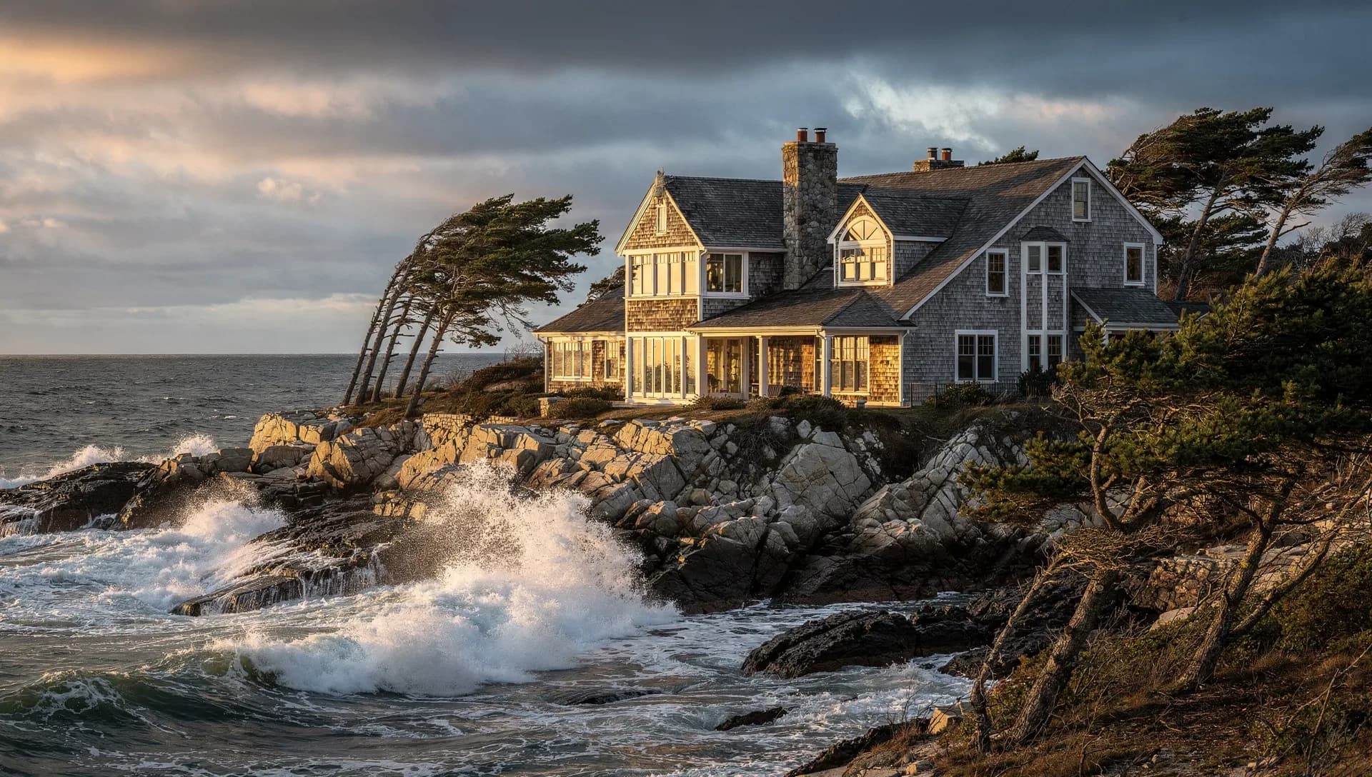 A large gray shingle-style coastal home on a rocky point at golden hour, wind-swept pines and a stone chimney above granite ledges, waves breaking white on the shore under dramatic clouds