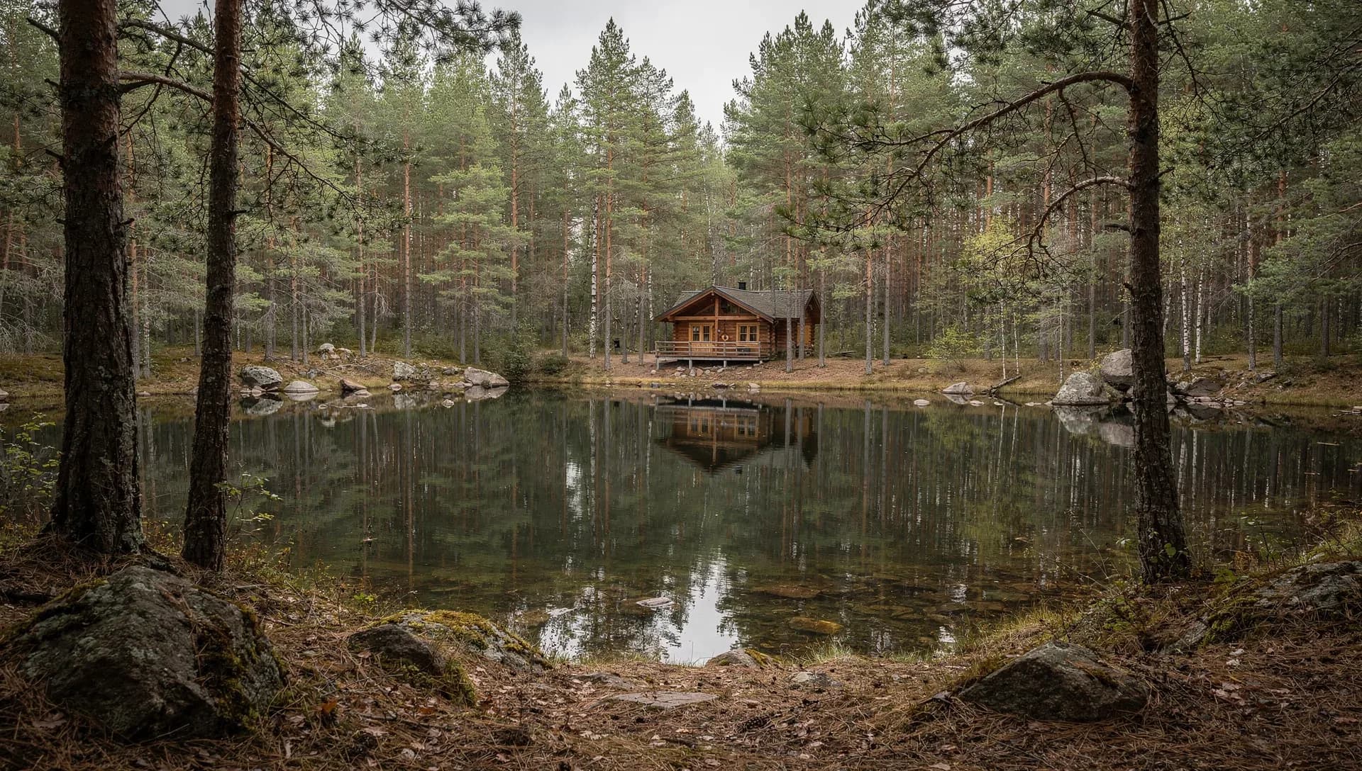 A small log cabin across a still forest pond, dense pines and birches reflected on the calm surface, moss-covered granite boulders and a pine-needle bank in the foreground under a soft overcast sky