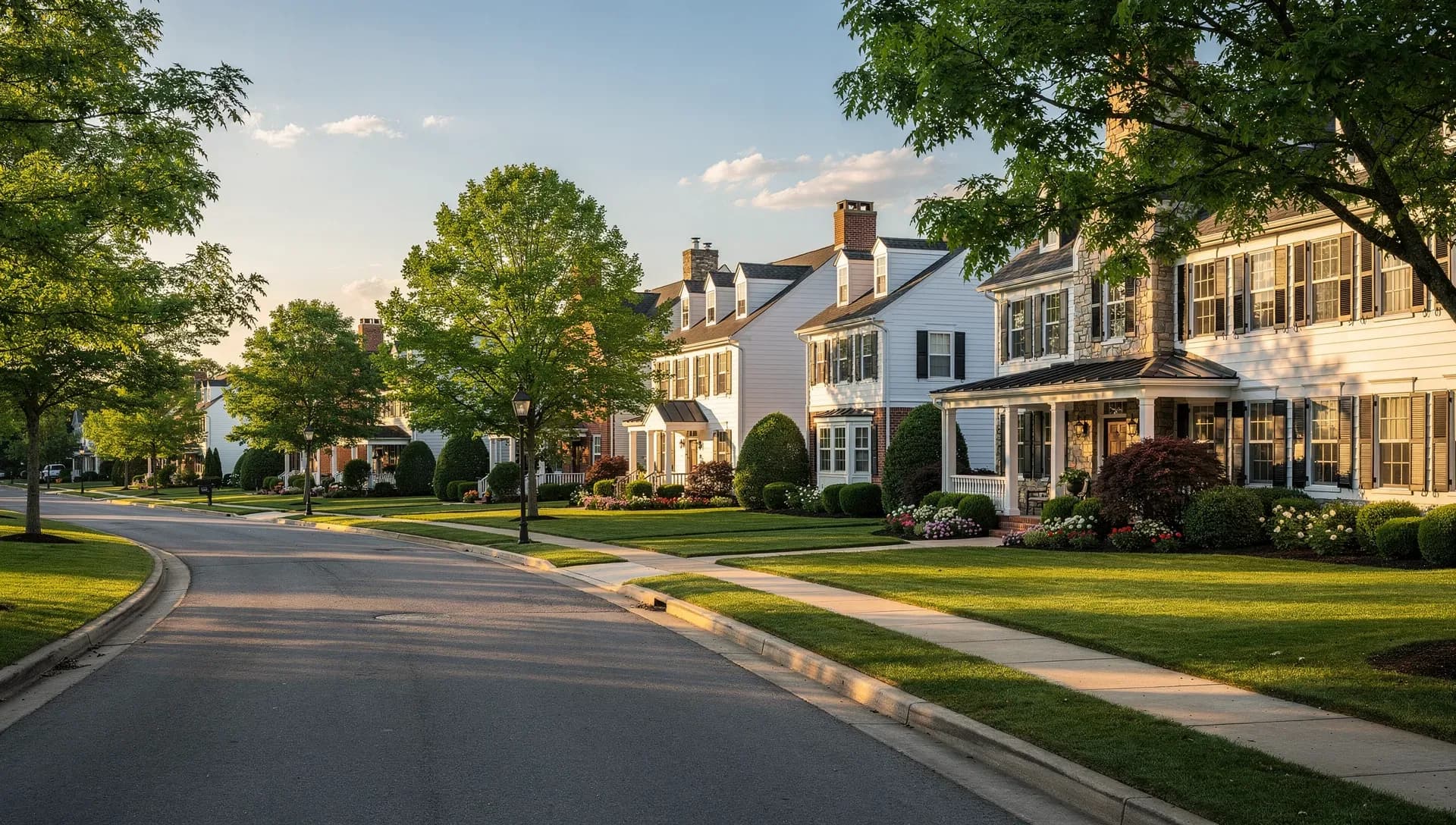 An upscale suburban street in summer lined with large colonial homes with black shutters and stone facades, covered porches and manicured lawns with flowering shrubs, mature green trees along a curving road at golden hour