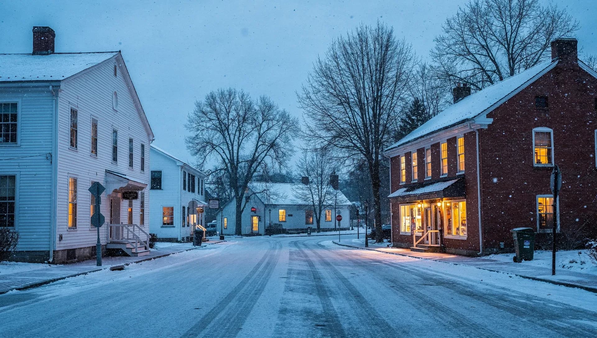 A snowy small-town main street at blue-hour dusk, white clapboard buildings on the left and a warm-lit red brick storefront under a small awning on the right, bare trees and a stop sign with fresh snow falling on the tire-tracked road