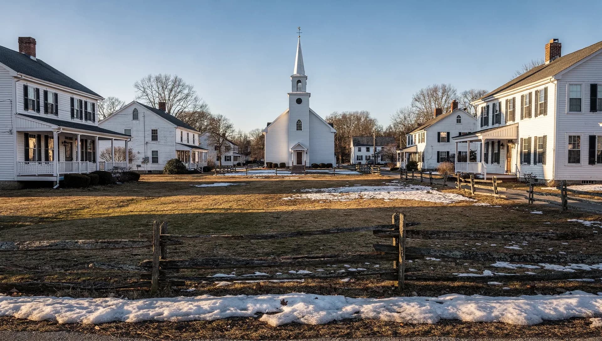 A classic New England town green with a white steepled church at the center, white colonial homes with porches on either side, a split-rail wooden fence, patches of melting snow on winter-brown grass under a clear blue sky