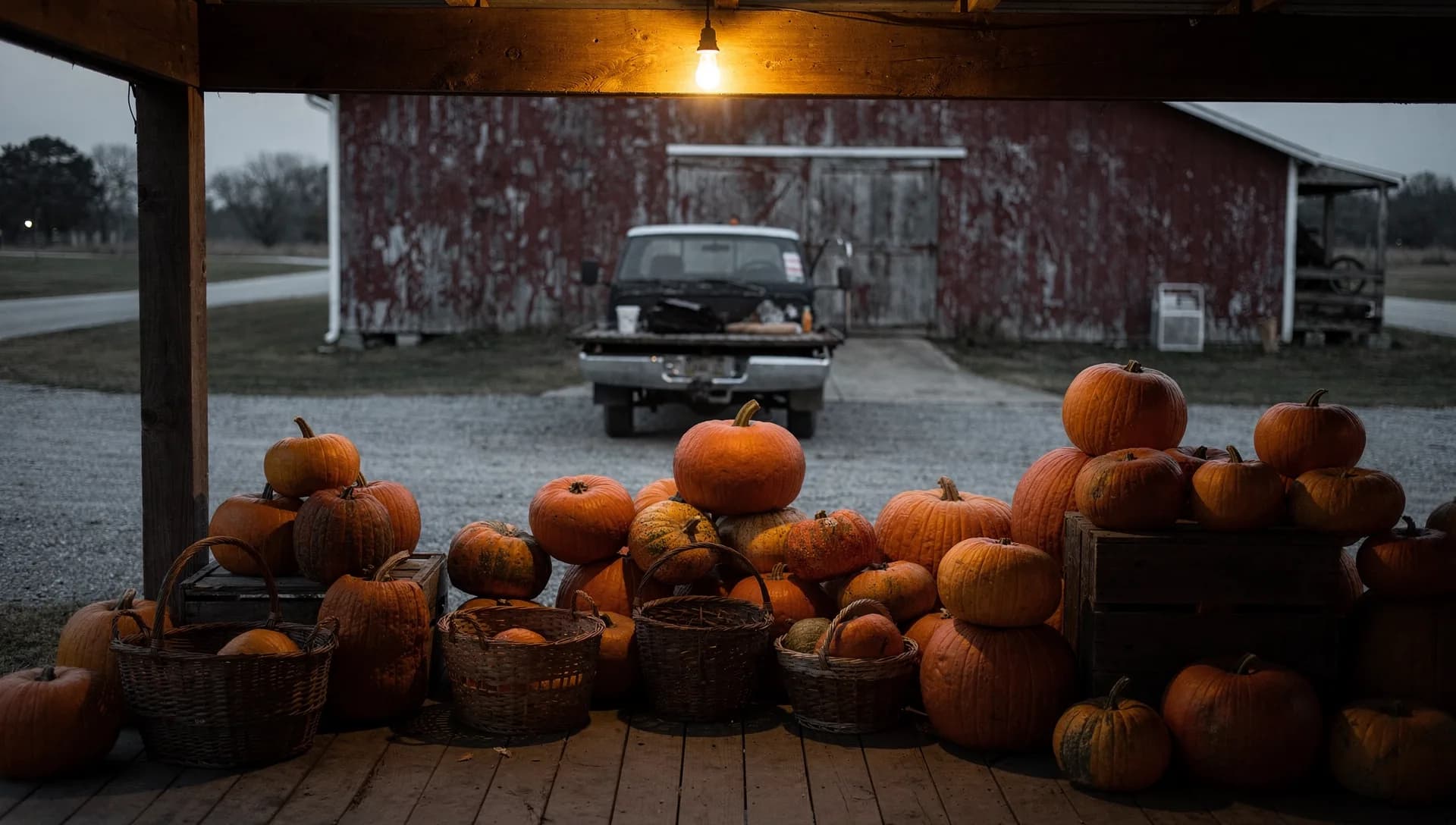 Pumpkins and wicker baskets piled under a farm-stand porch bulb at dusk, a pickup and a weathered red barn across the gravel lot