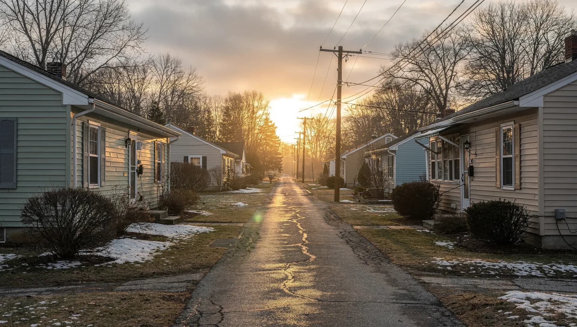 A quiet residential street of small single-story homes at sunset, bare trees and utility poles along the roadside with patches of snow on the lawns