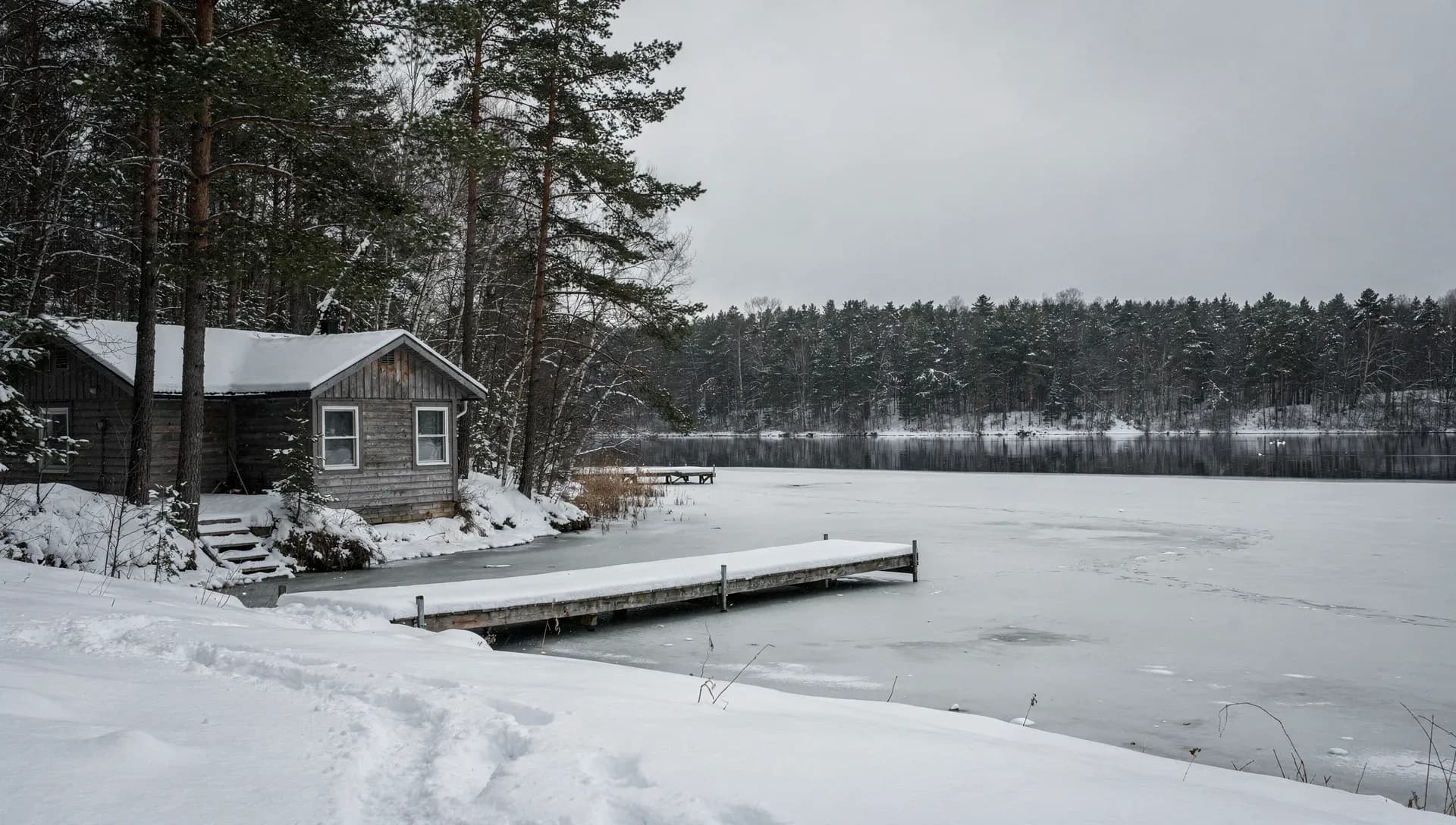 A small wooden cabin among pines beside a frozen lake in winter, a snow-covered dock reaching out over the pale ice