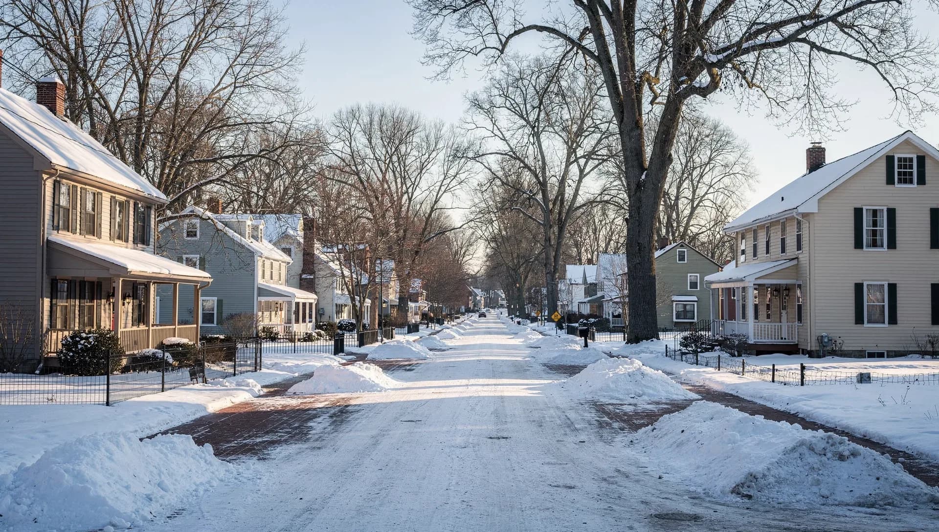 A plowed residential street after snowfall, clapboard colonial homes with porches set behind iron fences on both sides, tall bare trees arching over the road, high snowbanks along the curb and a yellow pedestrian-crossing sign under a bright winter sky