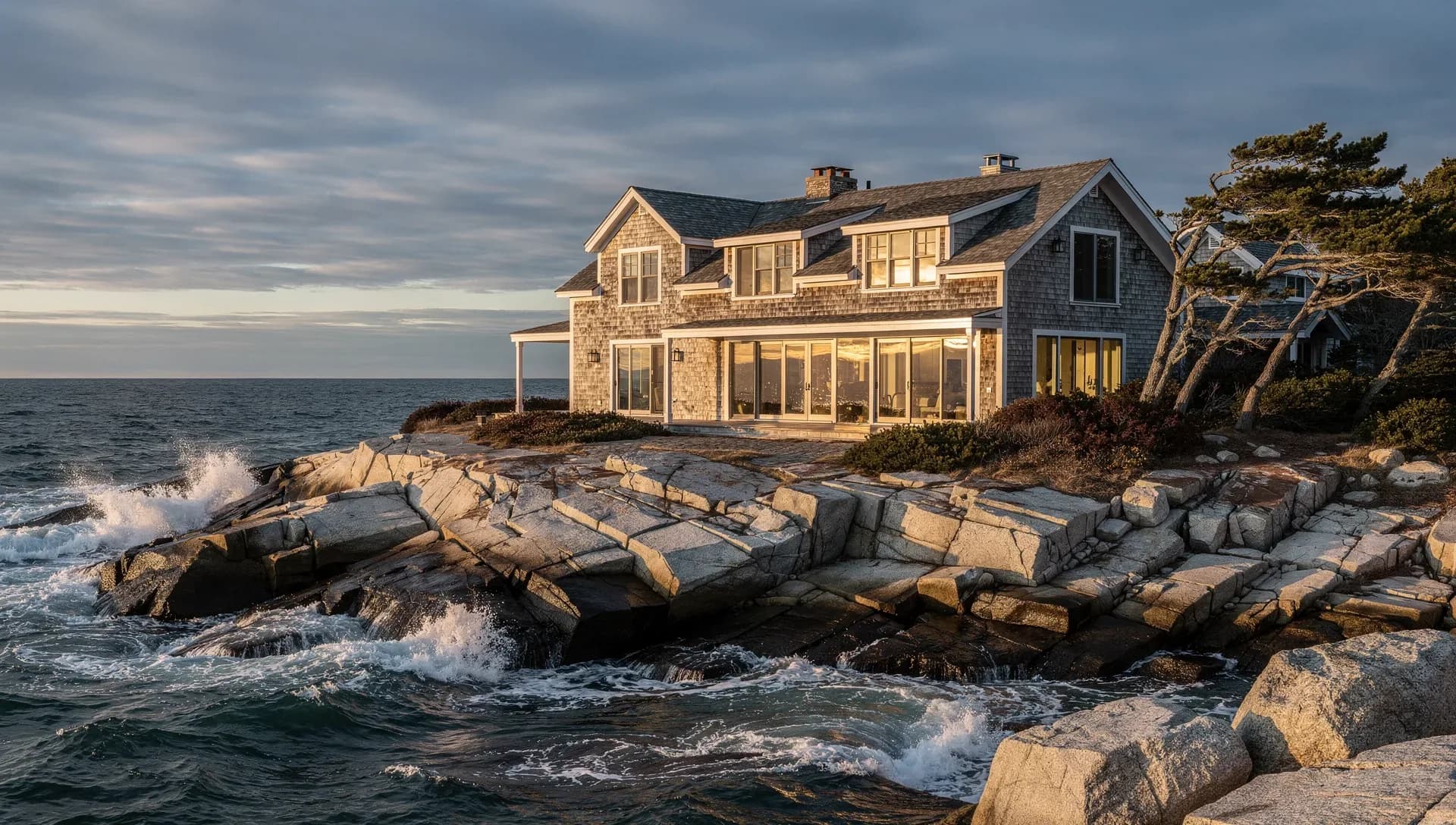 A large grey-shingled coastal home on a granite ledge above the open ocean at golden hour, white surf breaking on the rocks and a wind-bent pine leaning over the water