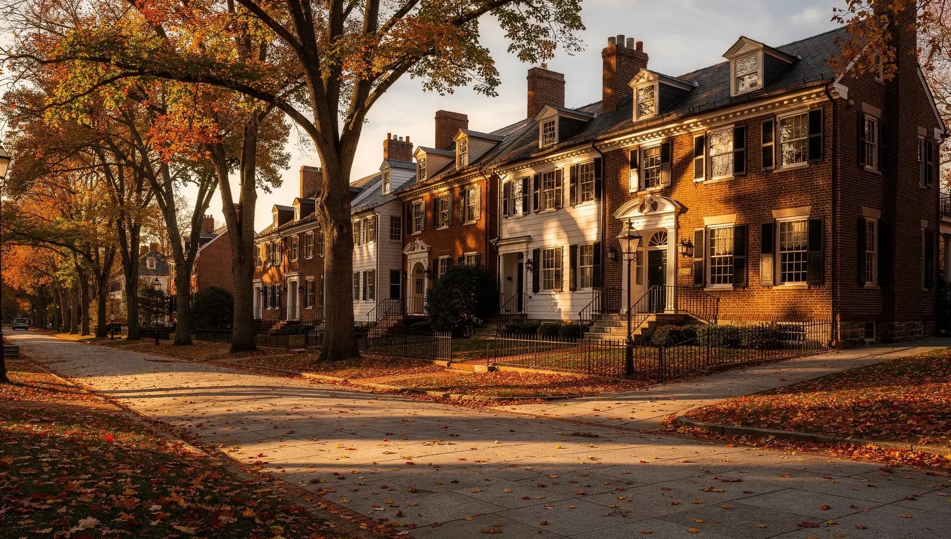 A row of stately Federal-era brick and white-clapboard mansions along a tree-lined street at golden hour, brilliant orange autumn foliage overhead, black iron railings and a gas-style lamppost above a wide brick sidewalk scattered with fallen leaves