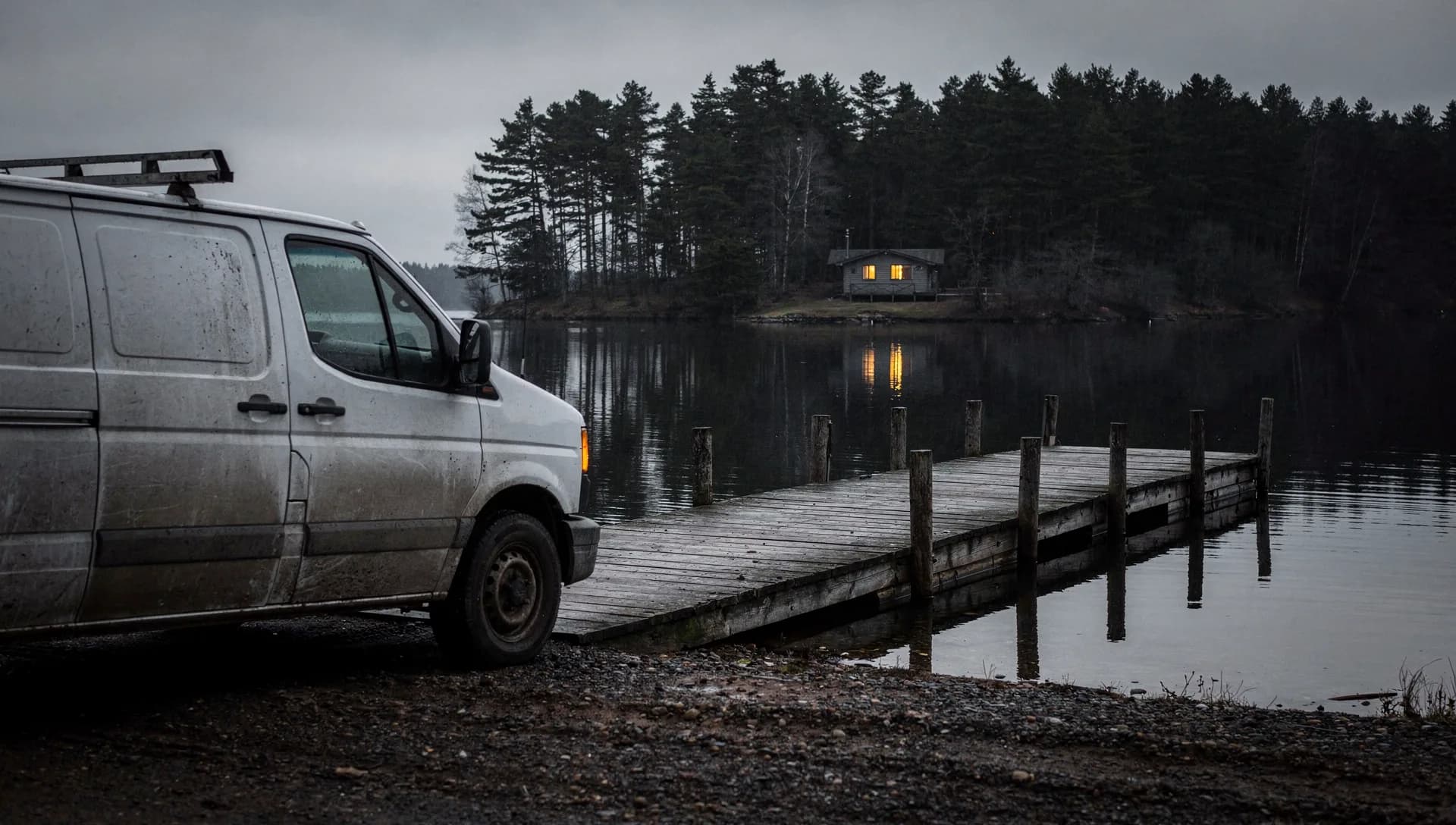 A weathered gray work van parked on a gravel turnout beside a wooden pier on a still lake, one lit cabin window glowing across the water under tall pines