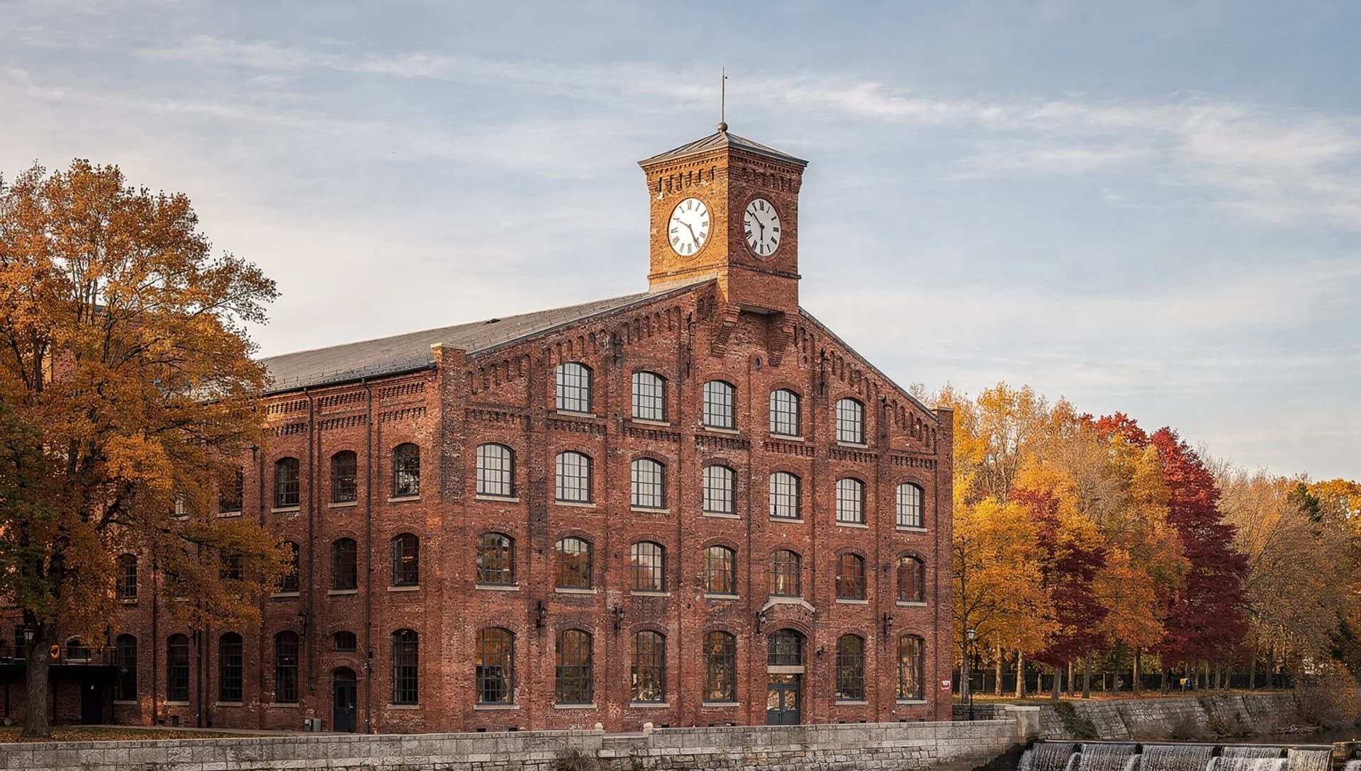 A restored red-brick nineteenth-century textile mill with a clock tower and rows of tall arched windows beside a river, a low dam spilling white water on the right and autumn trees along the far bank under a soft sky