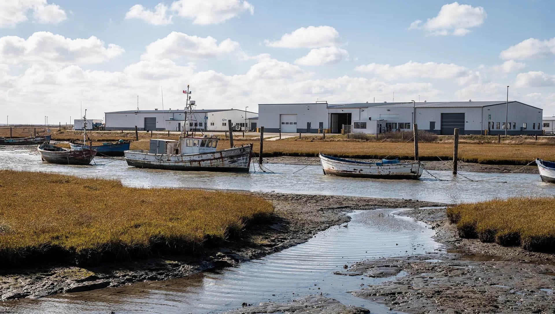 Weathered fishing boats grounded on the mud of a tidal salt-marsh creek at low tide, tan marsh grass around them and a long low warehouse under a bright cloud-scattered sky