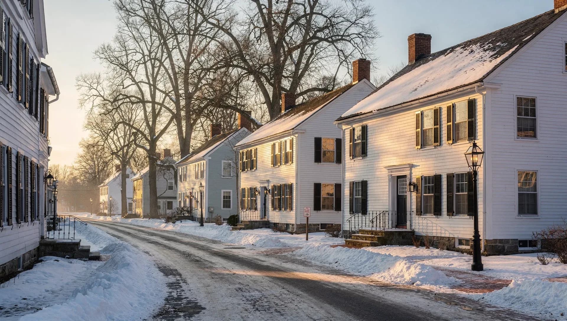A historic street of white clapboard colonial homes with black shutters at sunrise, snow blanketing the yards and roadside, black gas-style lamp posts and bare mature trees lining the way