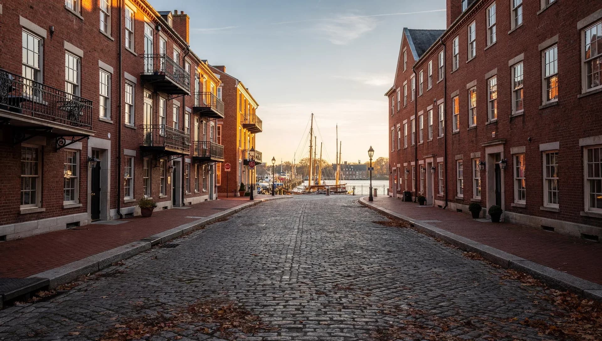 A quiet cobblestone street at sunrise running between rows of tall brick townhouses with iron balconies, leading down to a harbor where two schooner masts stand against a pale gold sky