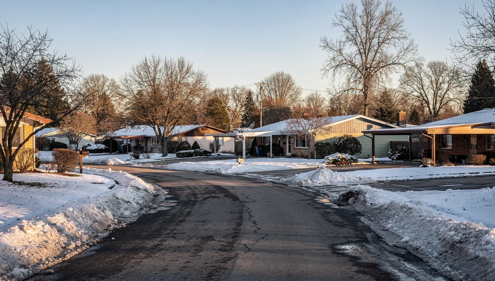 A plowed suburban cul-de-sac in winter lined with mid-century single-story ranch homes in brick and vinyl siding with carports, bare trees and evergreens behind, snowbanks along the curb and mailboxes under a golden late-day sky