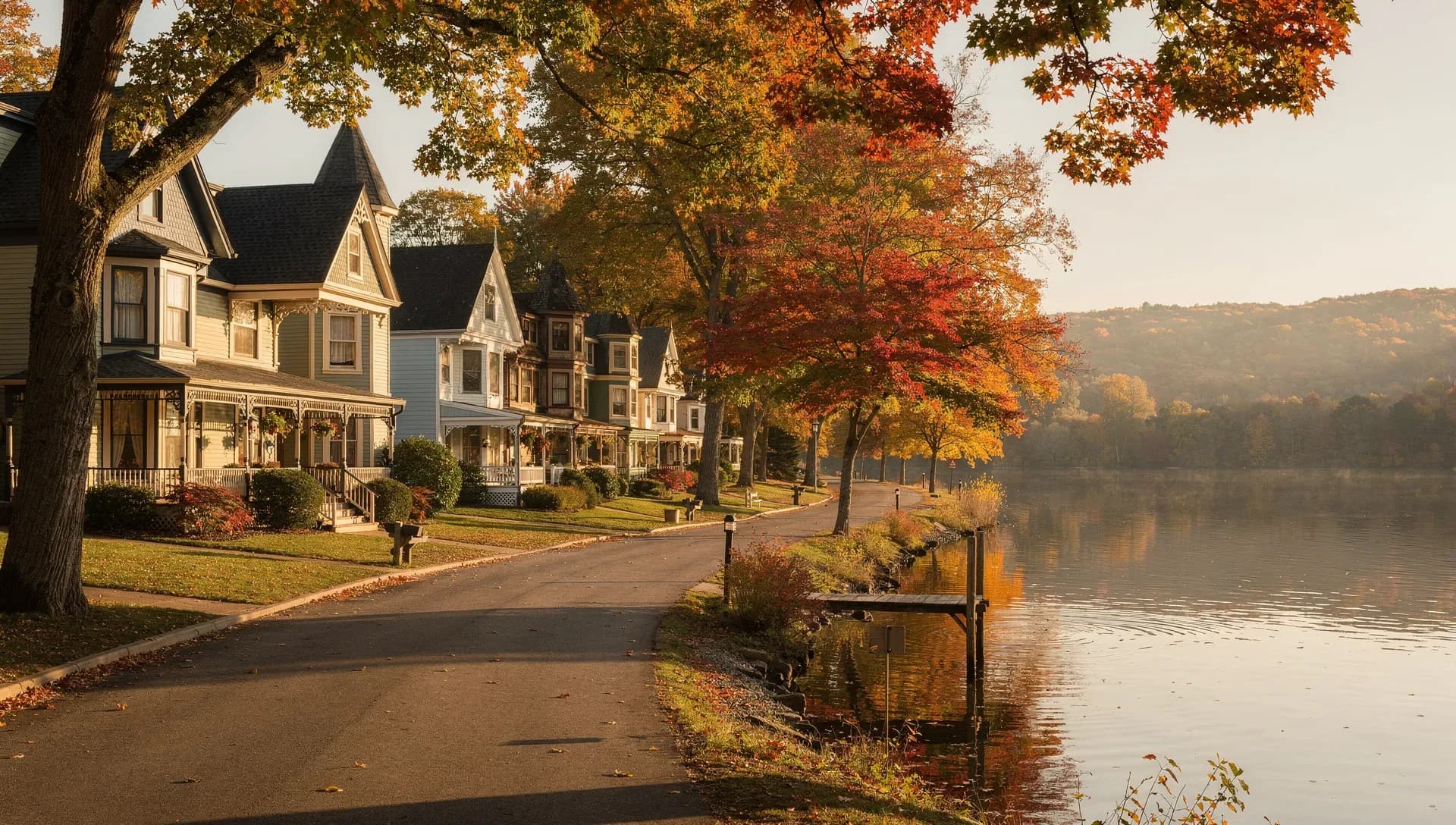 A quiet lakeside street at autumn golden hour, a row of ornate Victorian houses with turrets and wraparound porches on the left, brilliant red and orange foliage over a calm lake on the right, a small dock reaching into the water with forested hills beyond