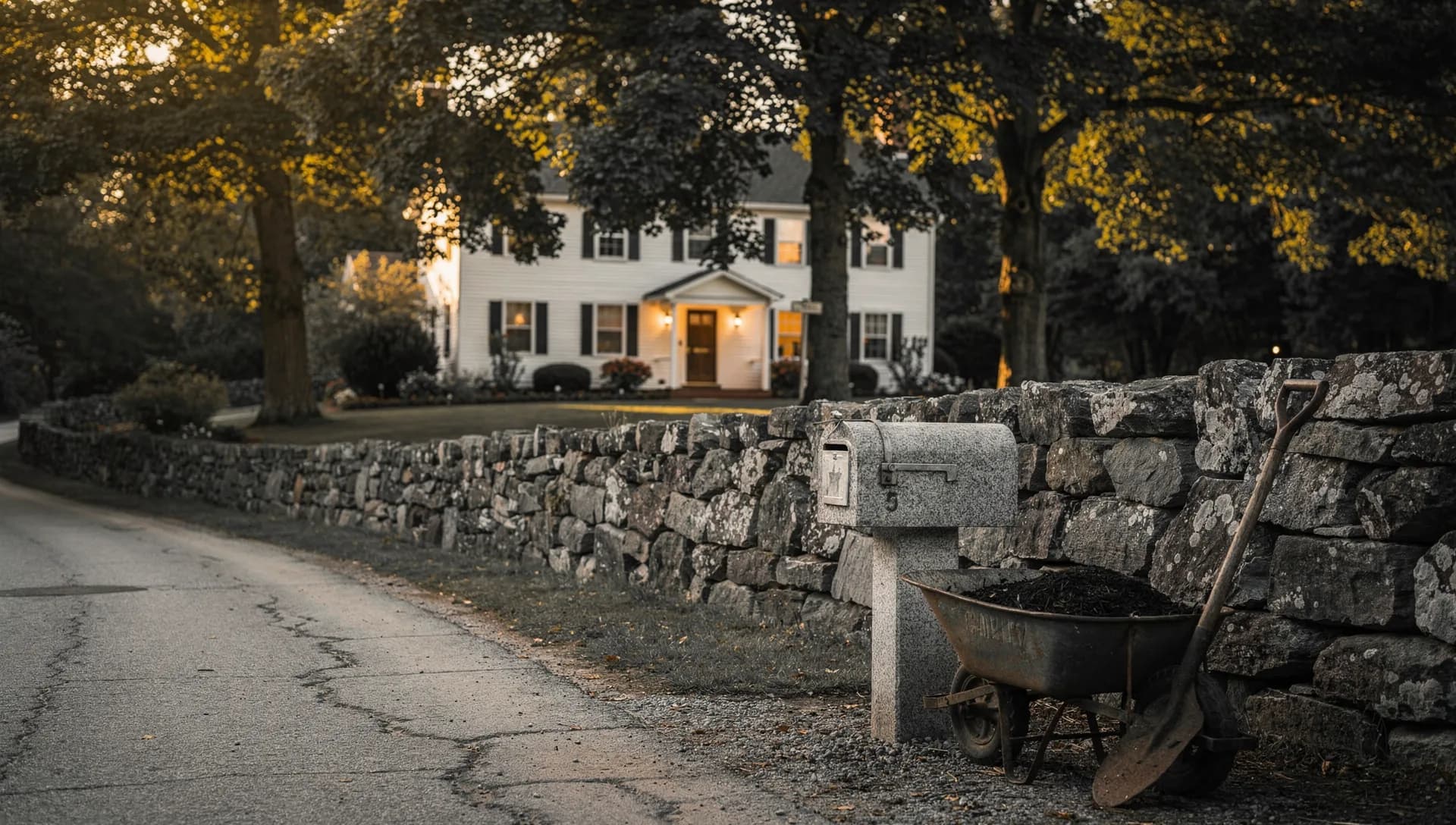 A granite mailbox post and a wheelbarrow of dark mulch with a leaning shovel beside a long fieldstone wall, a white colonial with a lit porch behind mature maples at golden hour