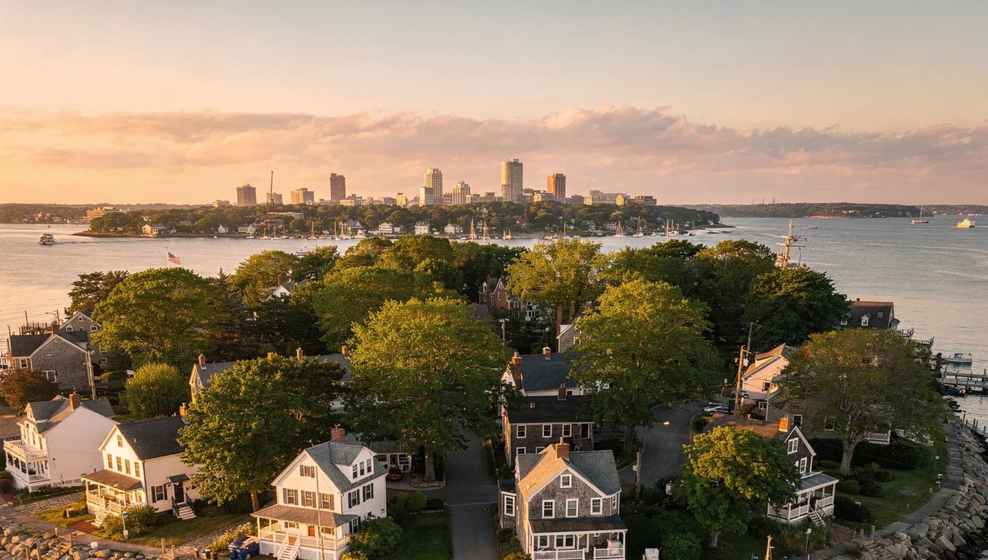An aerial view at golden hour of a wooded coastal peninsula neighborhood, white clapboard and gray-shingled houses among mature trees behind a granite seawall, sailboats moored in the calm harbor on both sides and a distant city skyline glowing across the water