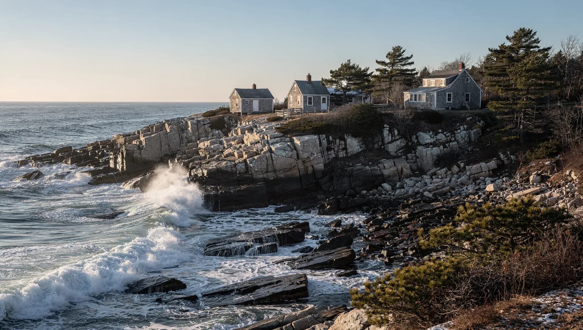 Waves breaking against dark ledge rock along a rugged coastline at golden hour, weathered gray-shingled cottages and windblown pines standing on the bluff above, open ocean stretching to the horizon