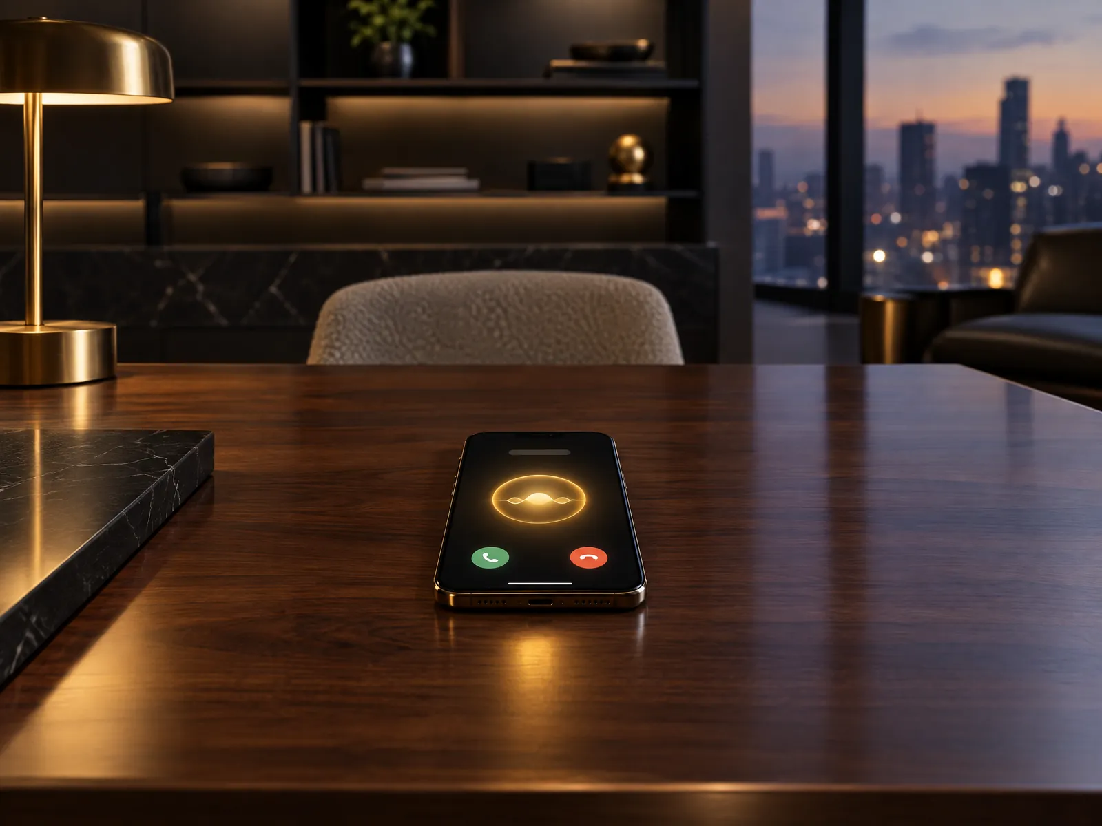A phone on a walnut desk taking a call, a glowing gold voice orb above green answer and red decline buttons, a city skyline at dusk behind